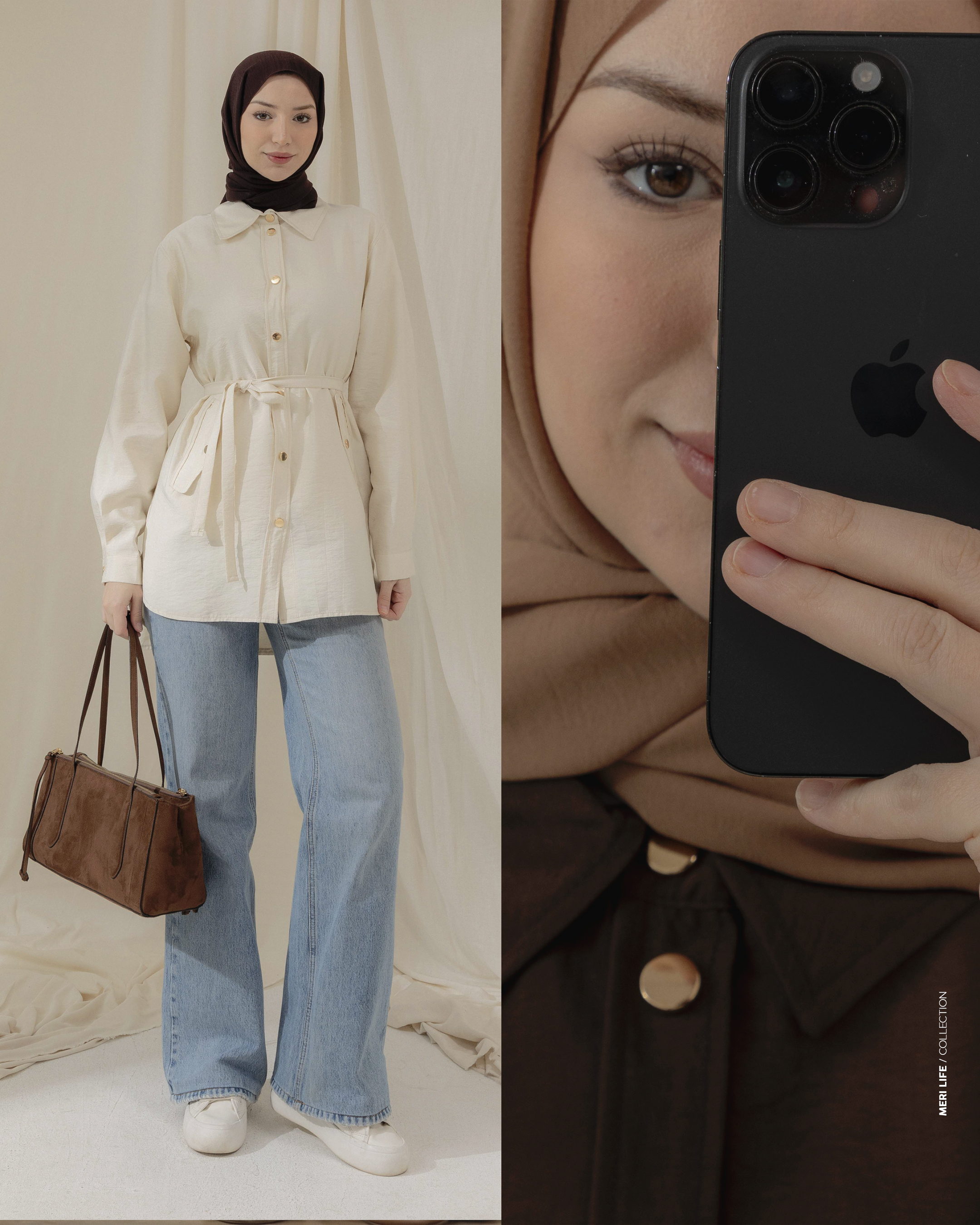 Cep Detaylı Krem Gömlek