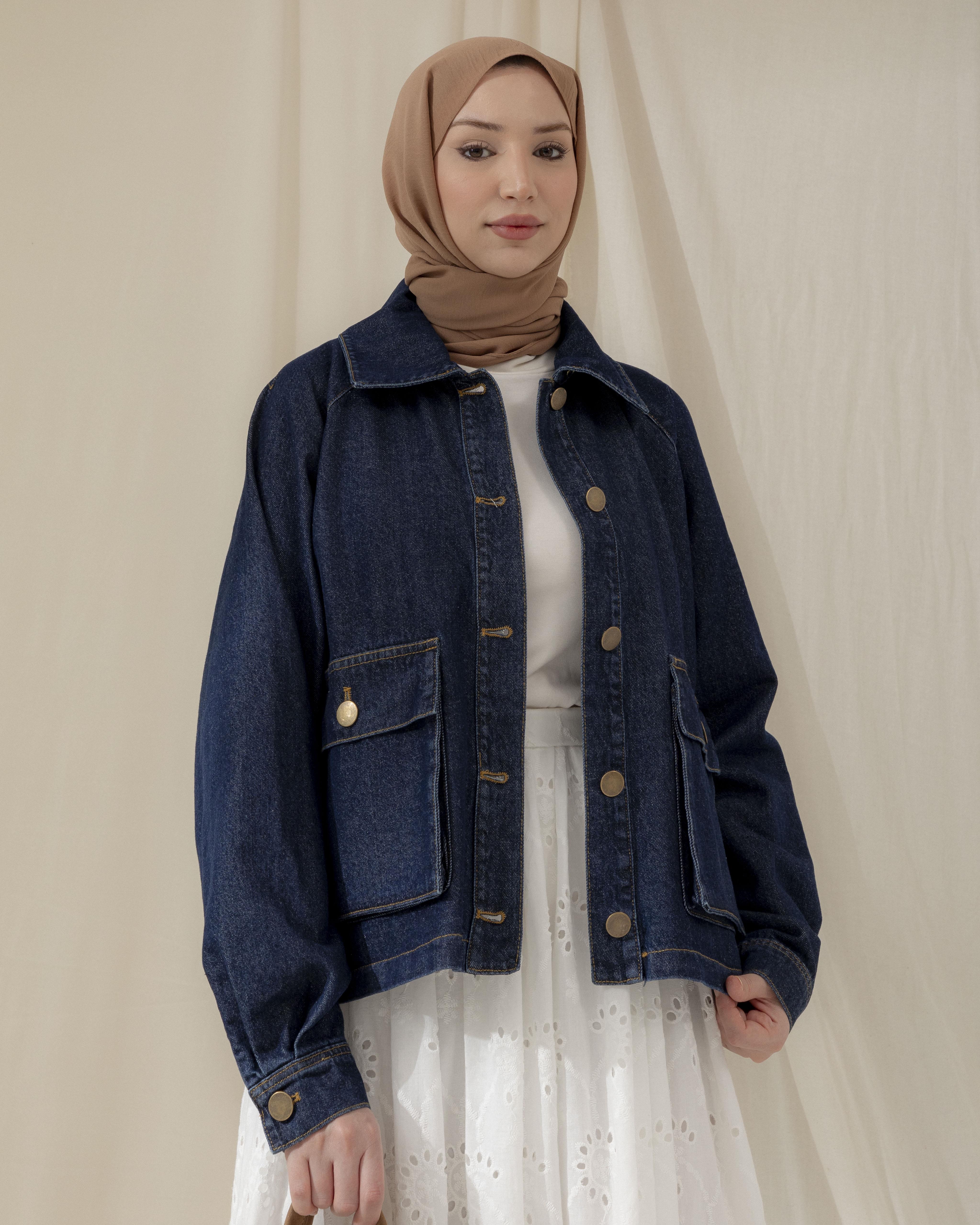 Cep Detaylı Lacivert Denim Ceket