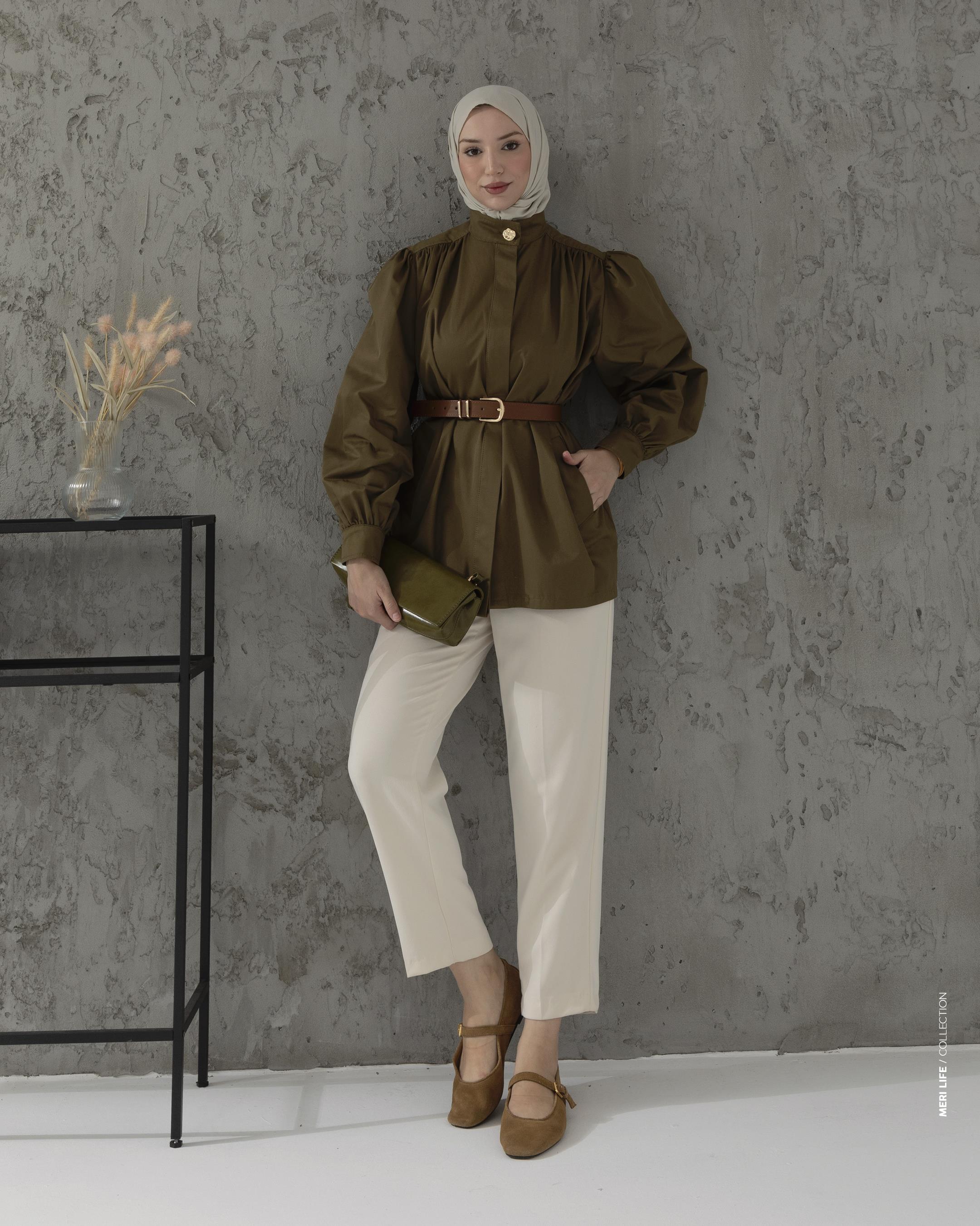 Deri Kemerli Haki Trençkot