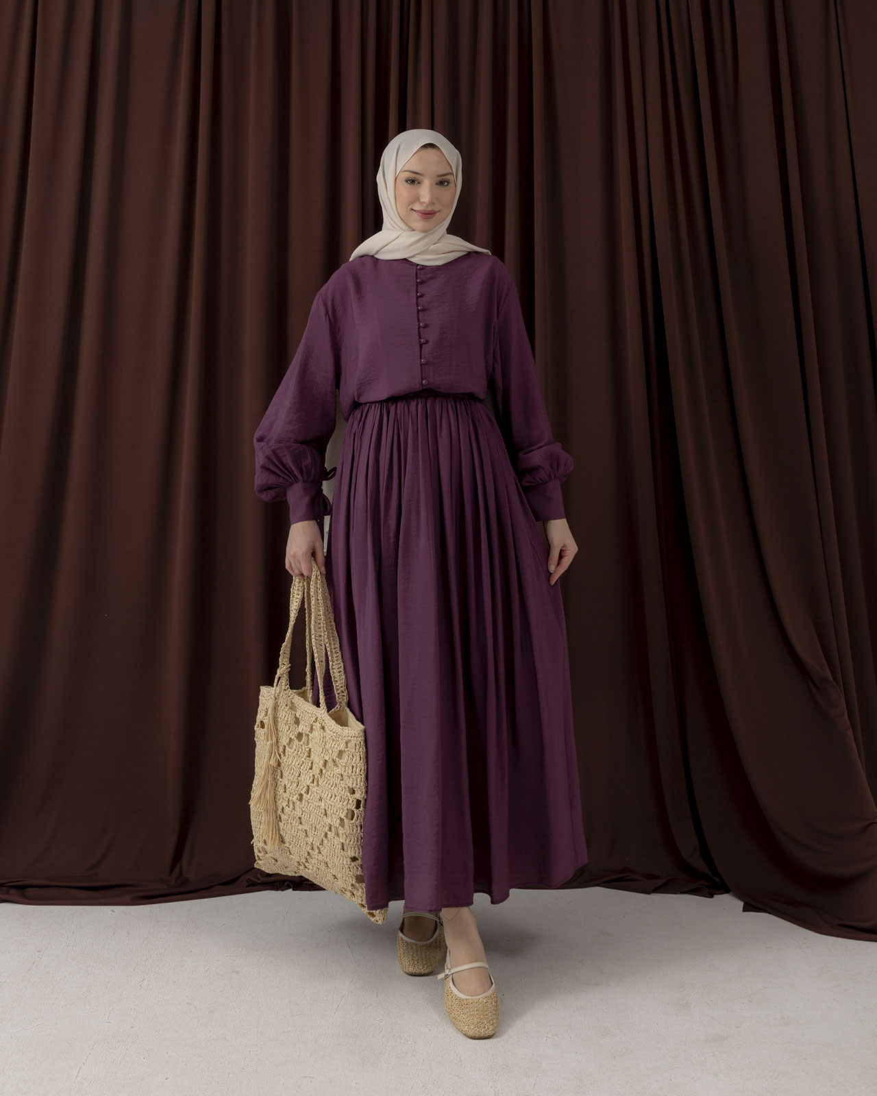 Düğme Detaylı Mor Etekli Takım