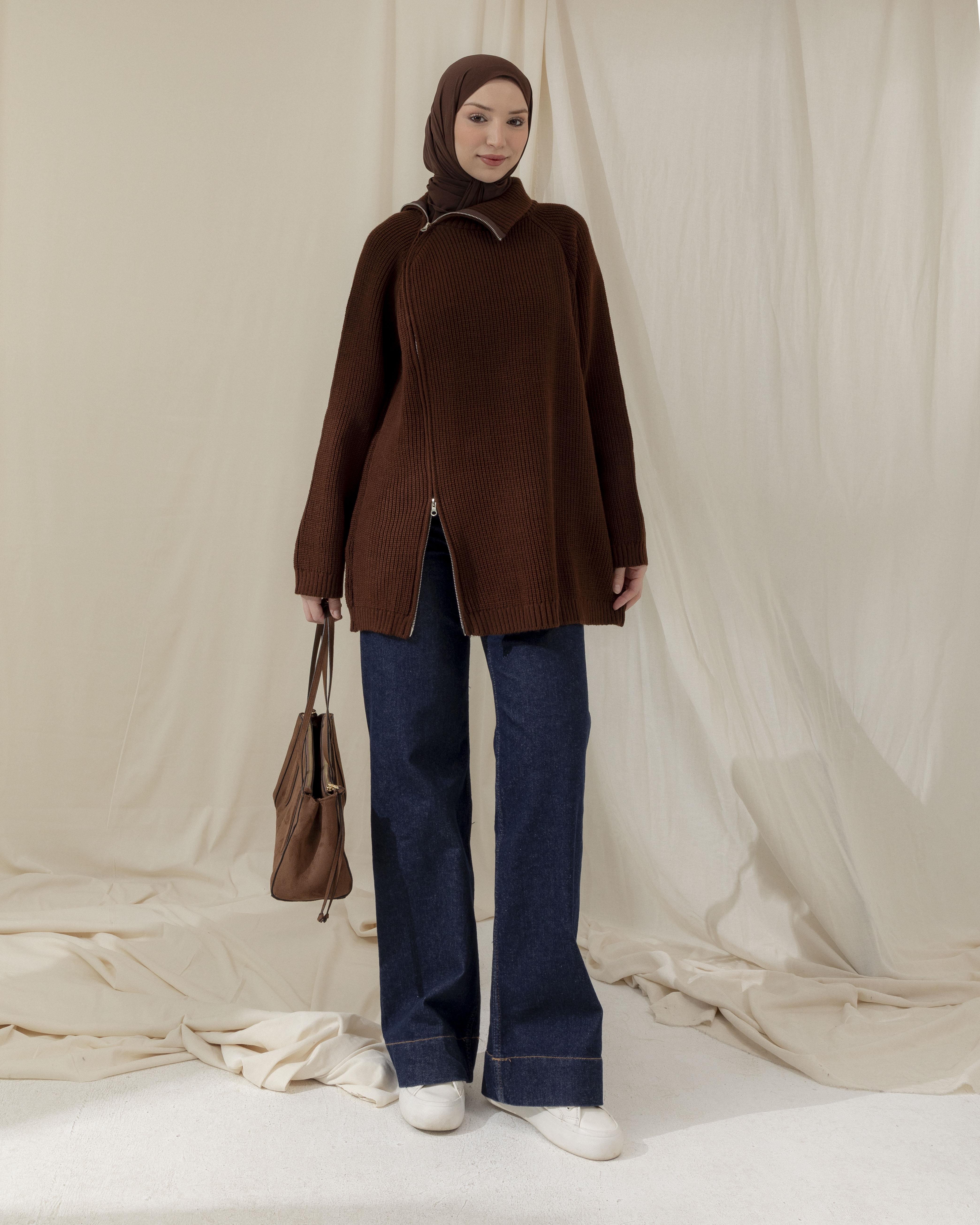 Fermuar Detaylı Kahve Triko Kazak