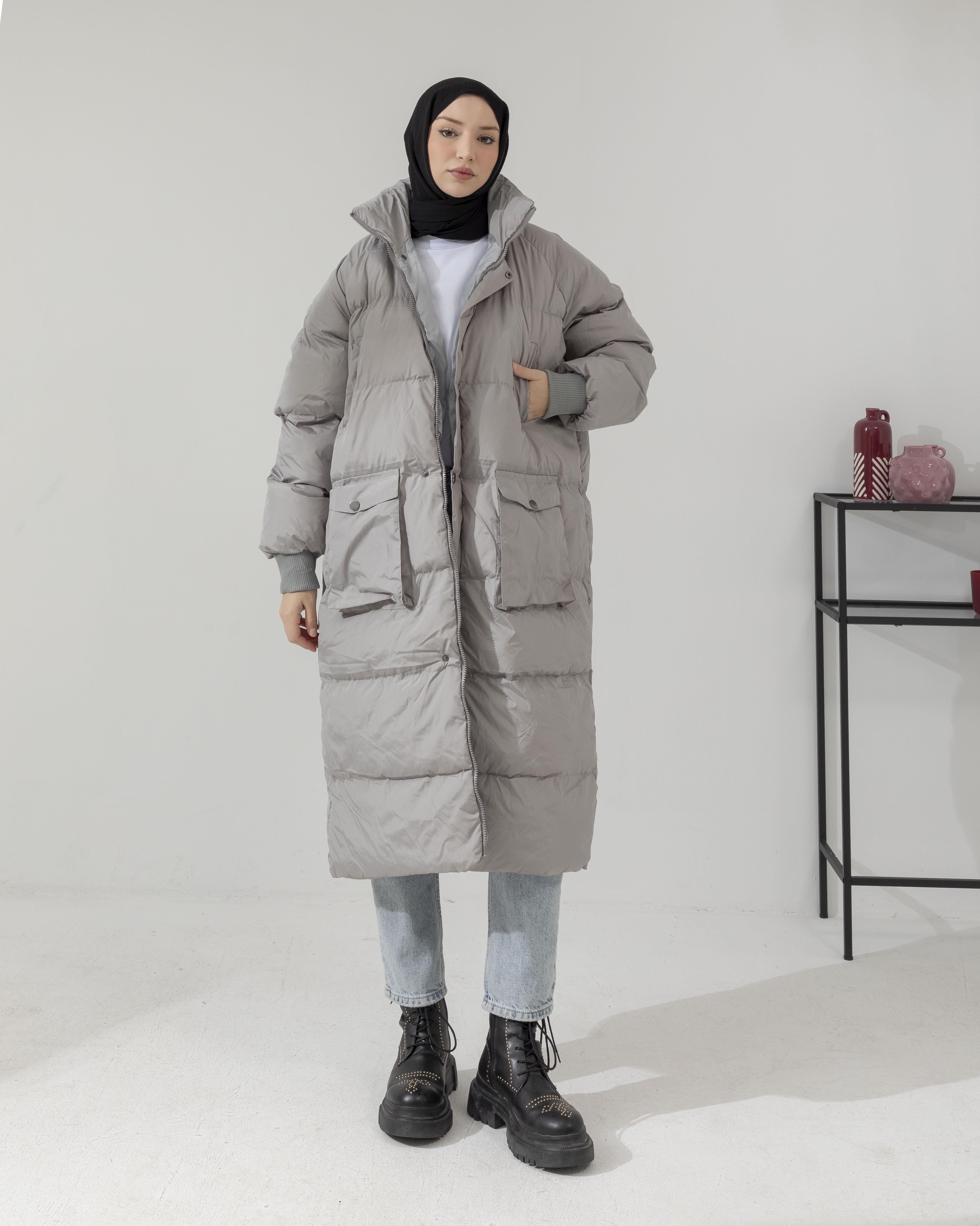 Gizli Kapşonlu Cep Detaylı Gri Şişme Mont