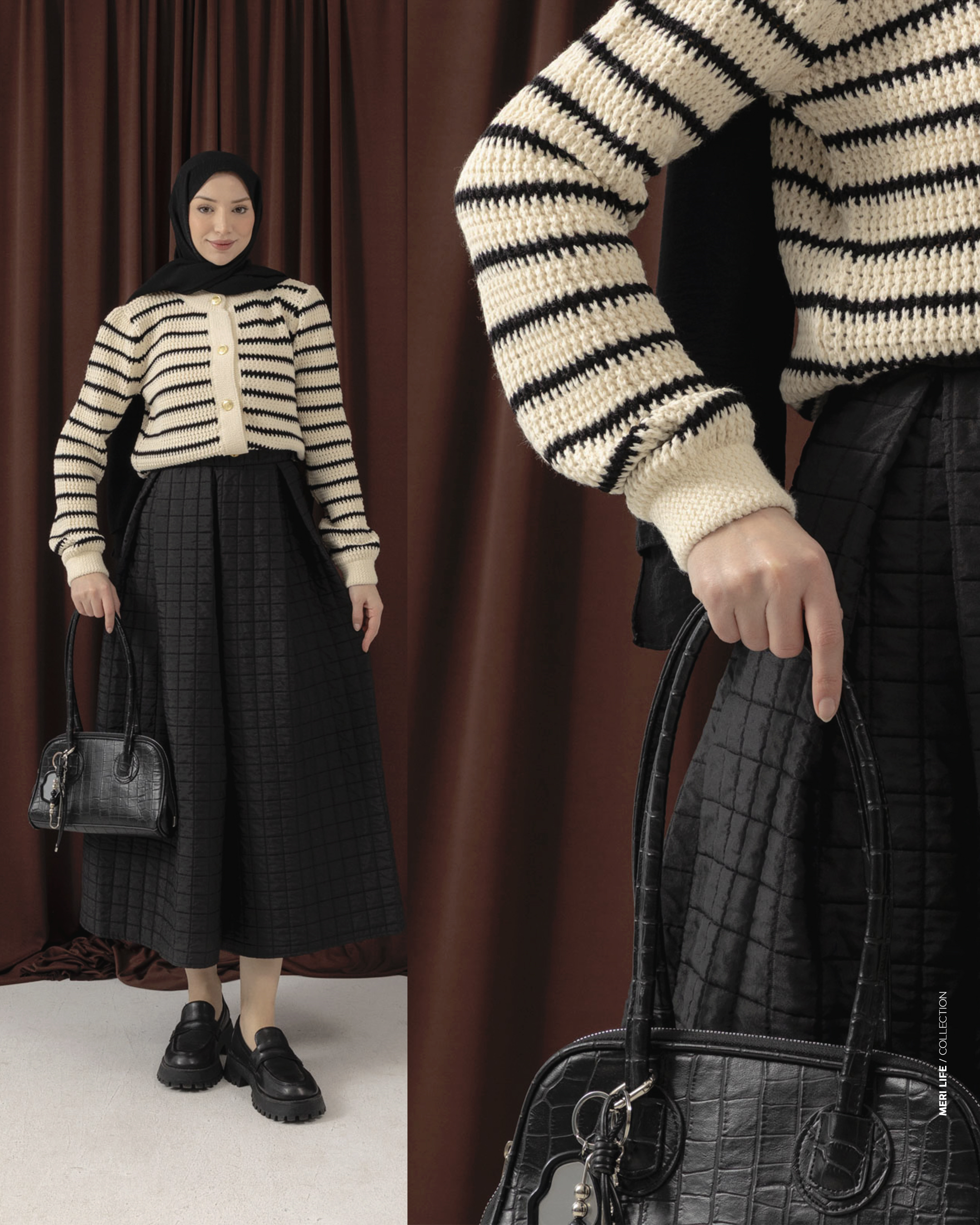 Kapitone Geniş Pileli Siyah Etek