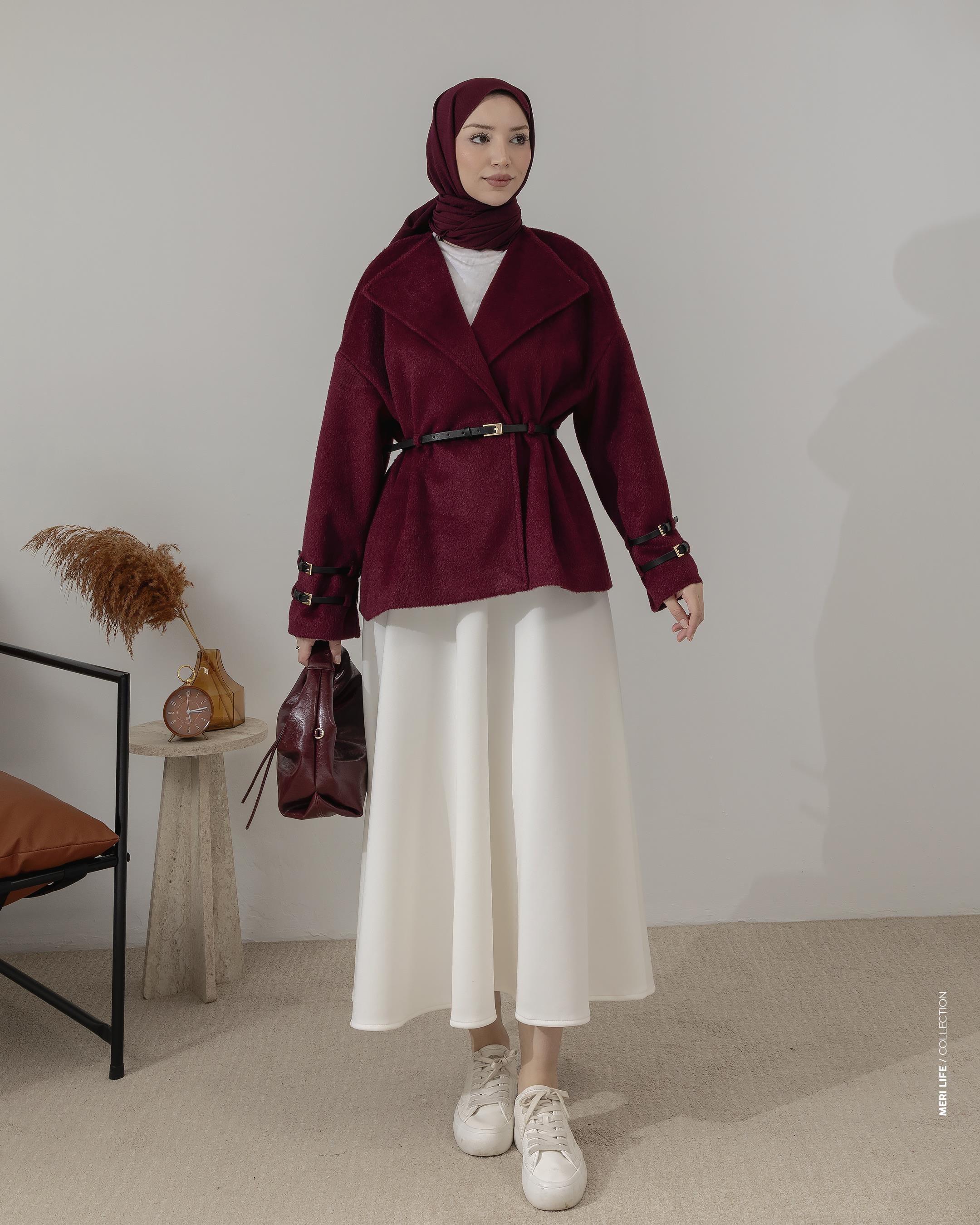 Kemer Detaylı Bordo Kaşe Ceket