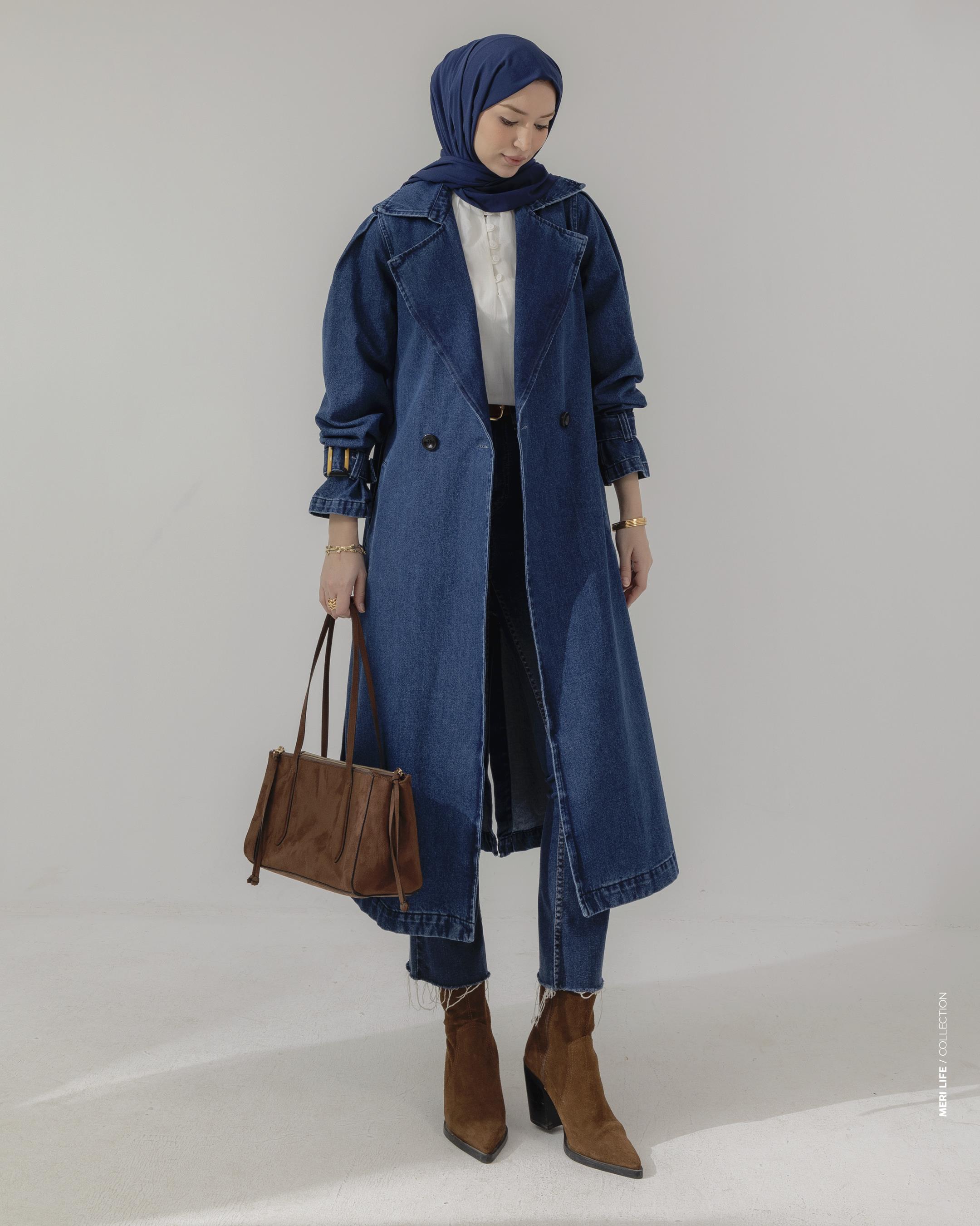 Kemerli Lacivert Denim Ceket