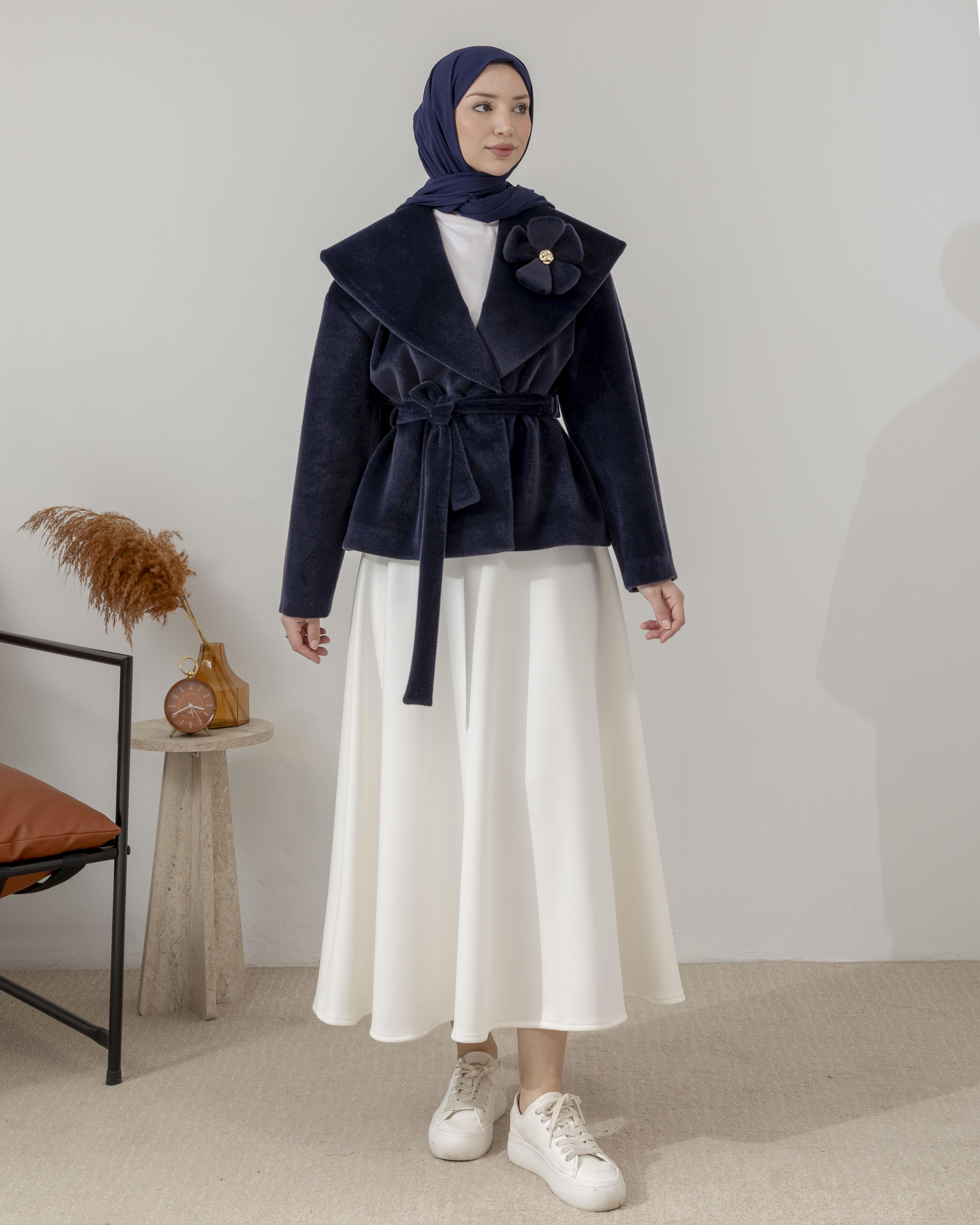 Kemerli Lacivert Kaşe Ceket