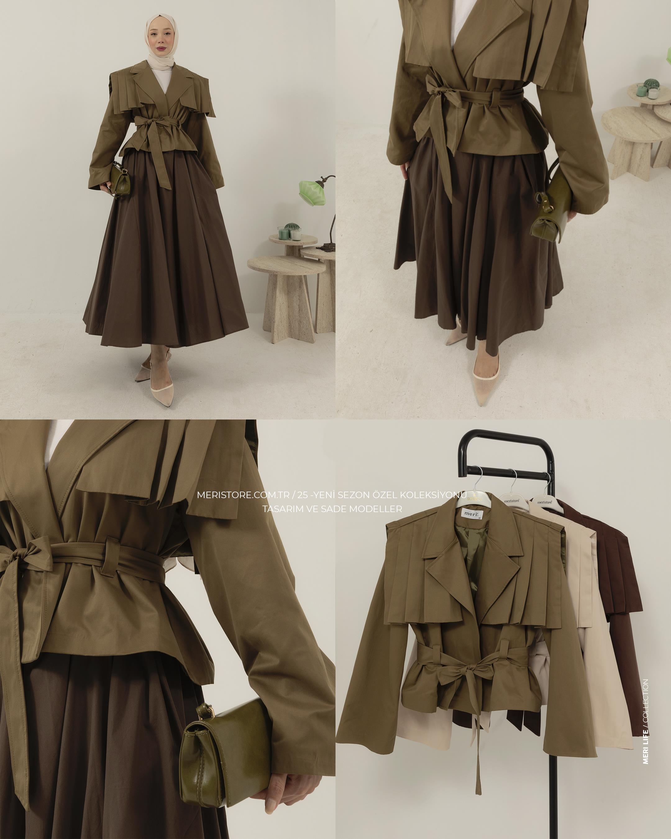 Nervür Detaylı Haki Kısa Trençkot