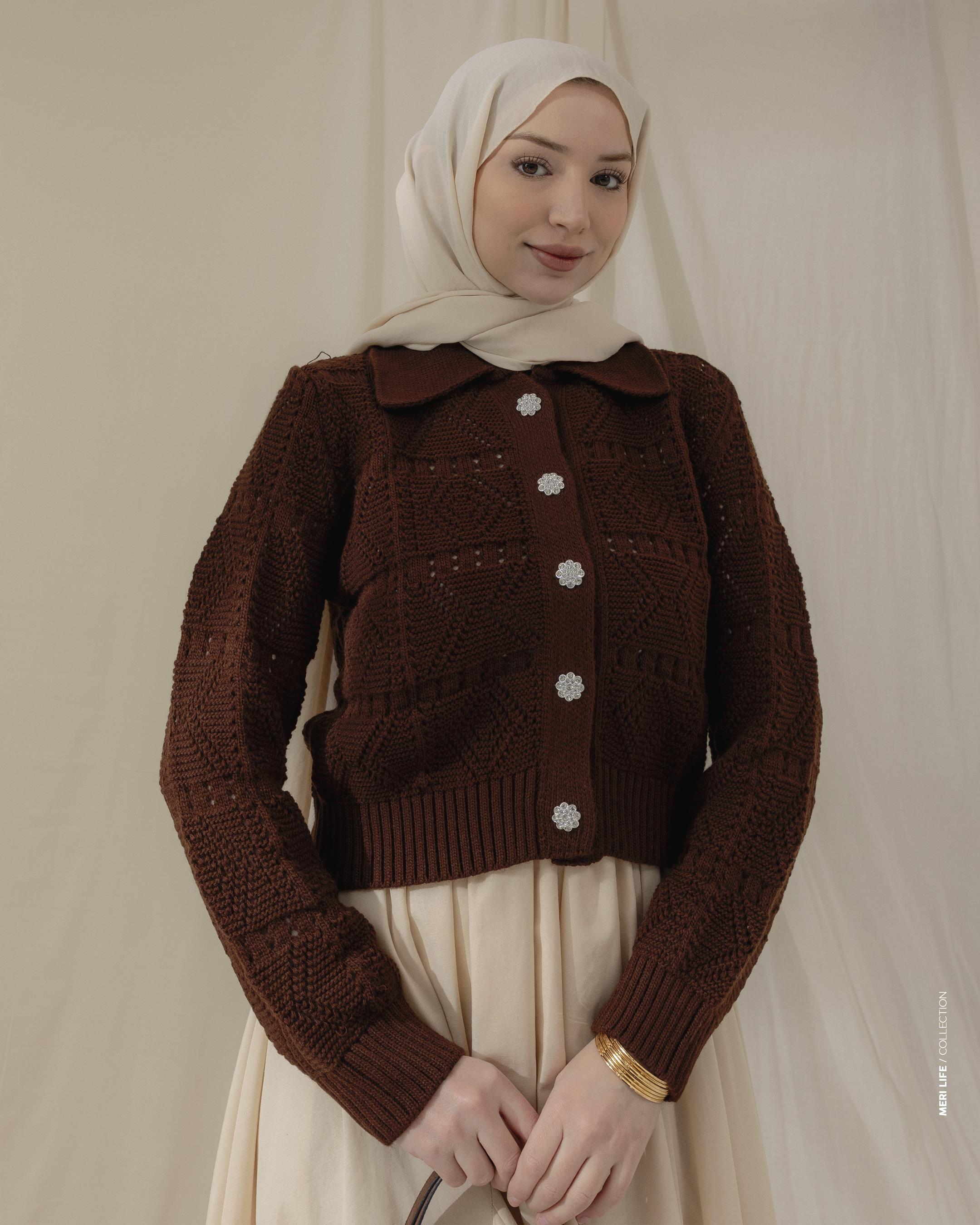 Örgü Desenli Kahve Triko Hırka