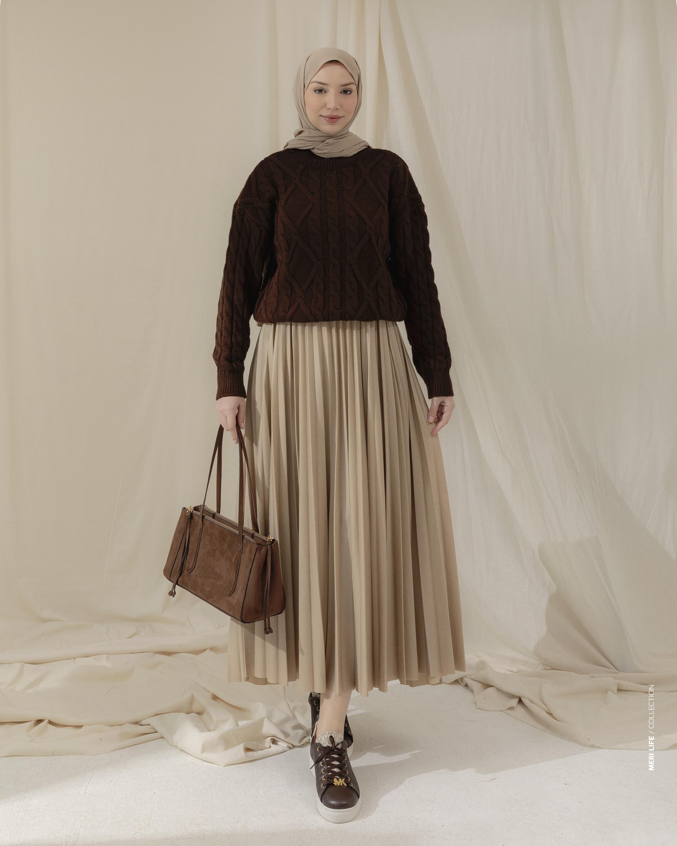 Örgü Desenli Kahve Triko Kazak