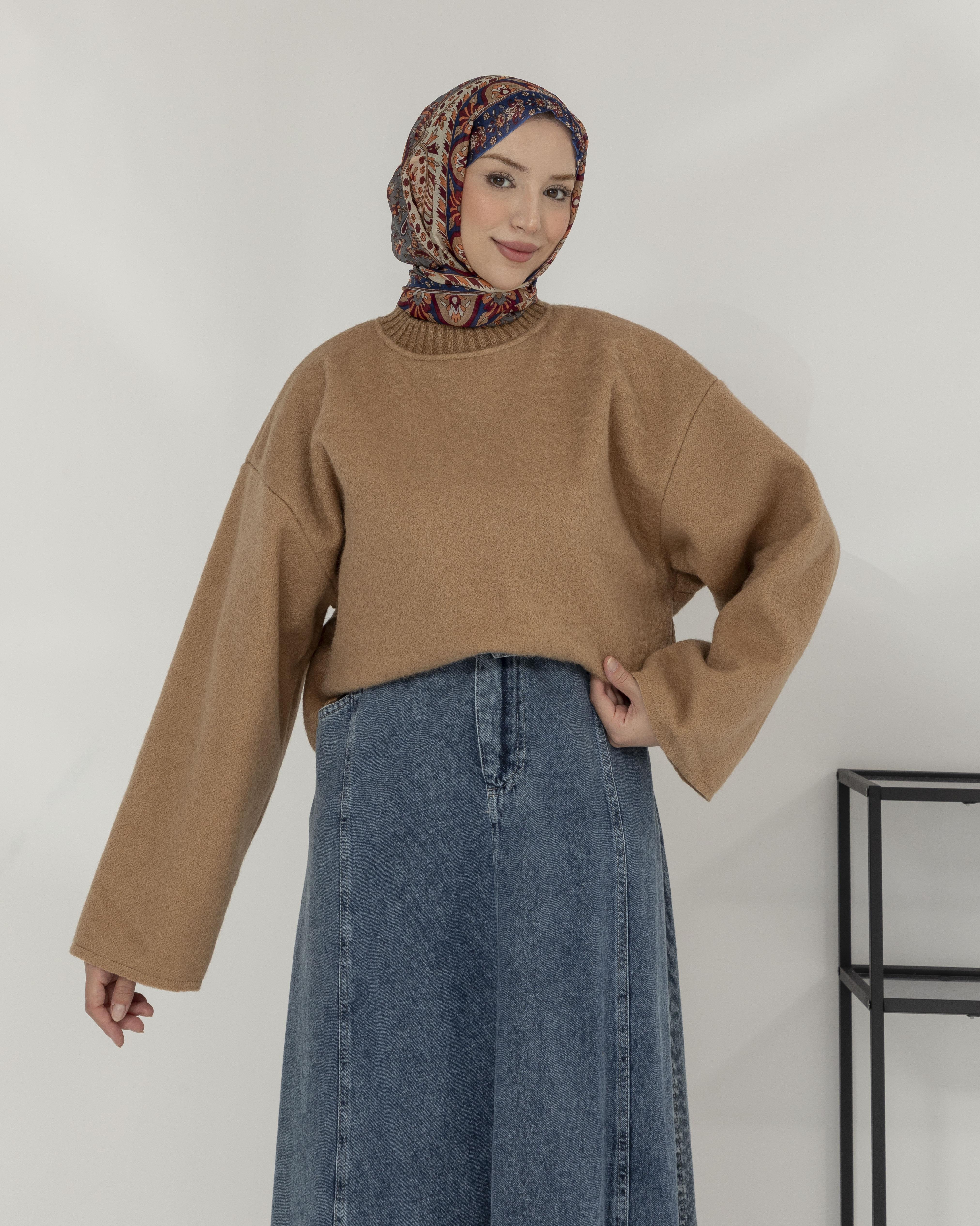 Oversize Bisiklet Yaka Bej Kaşe Bluz