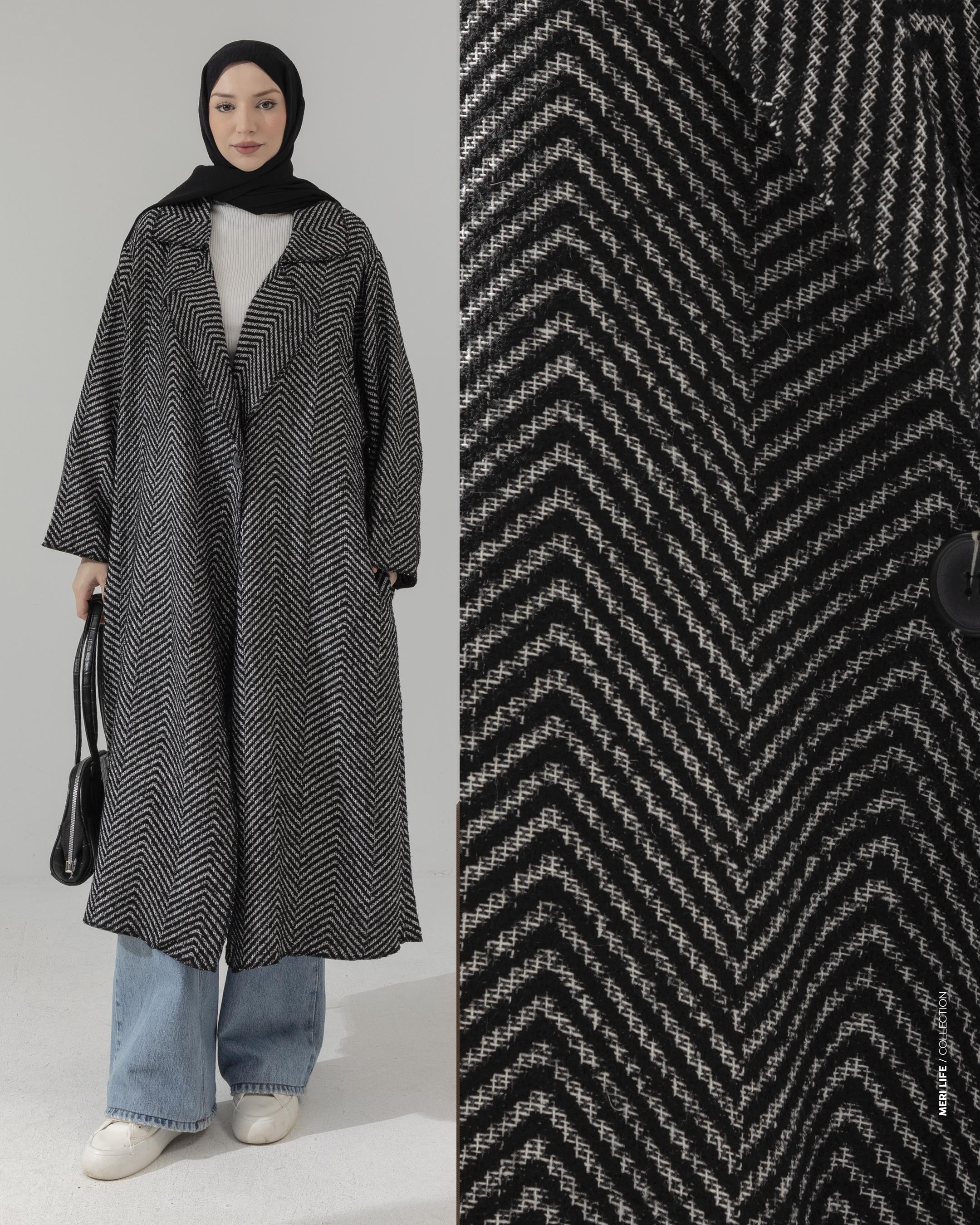 Oversize Zigzag Desen Tek Düğmeli Siyah Örgü Kap