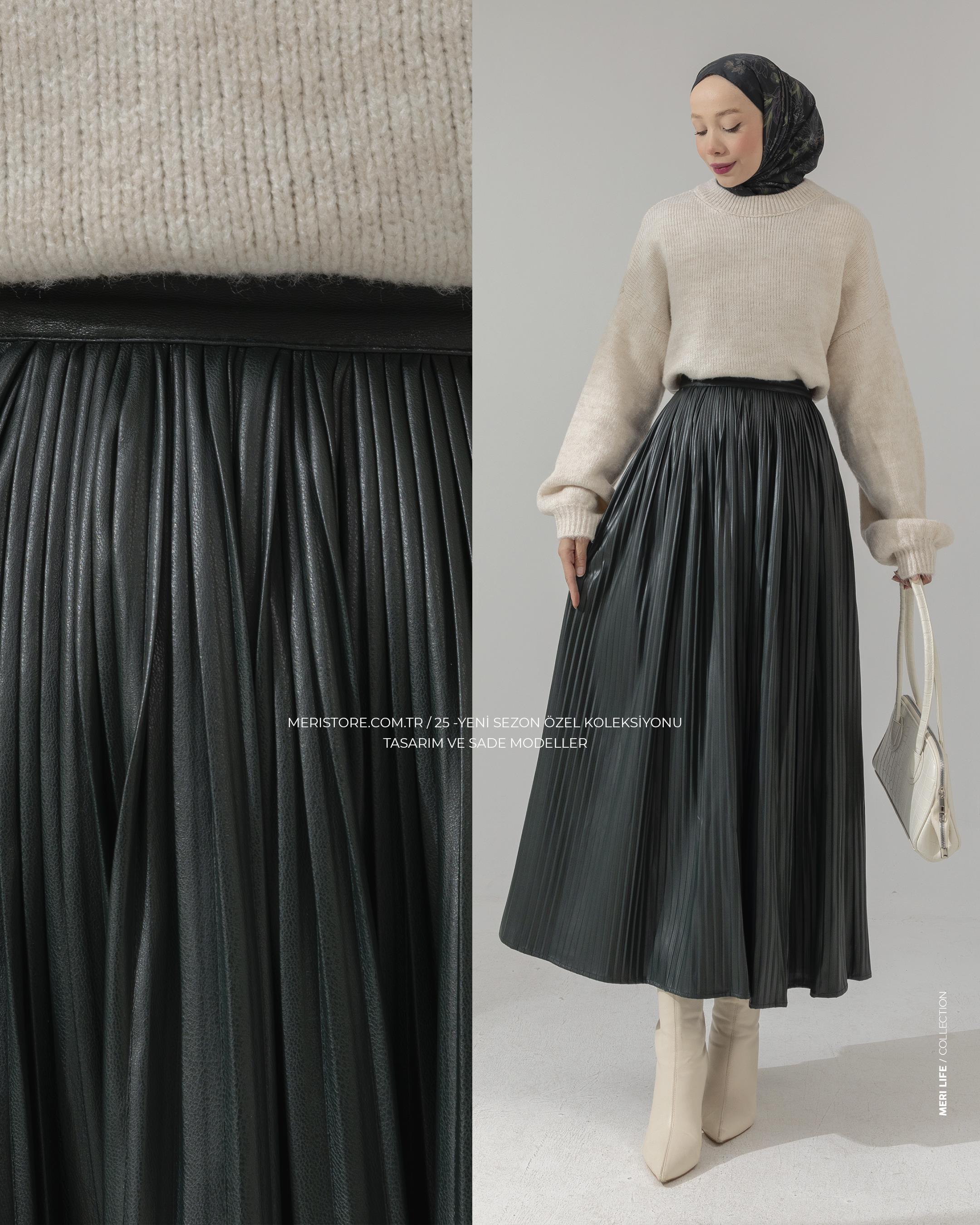 Piliseli Koyu Yeşil Deri Etek