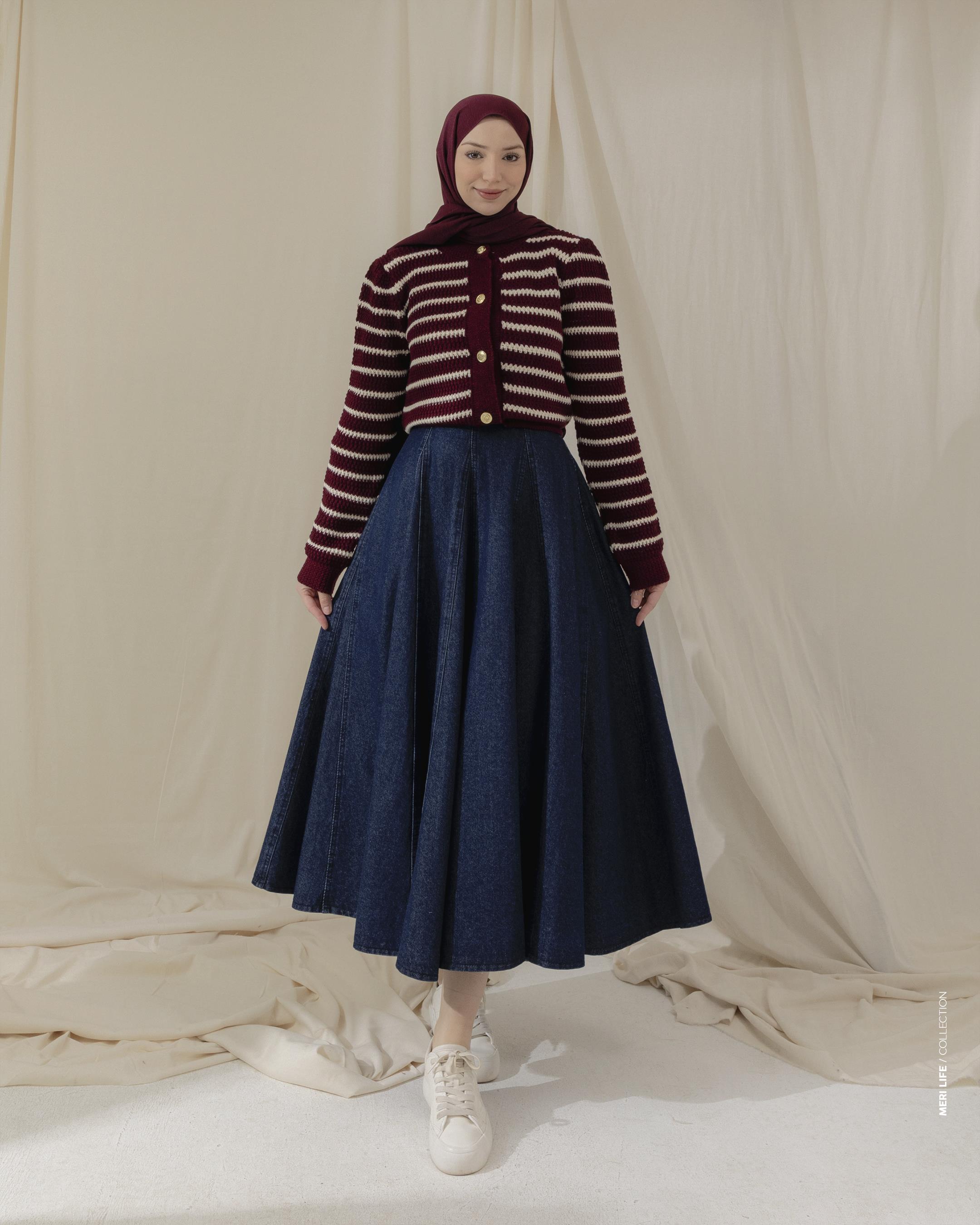 Şeritli Bordo Triko Hırka