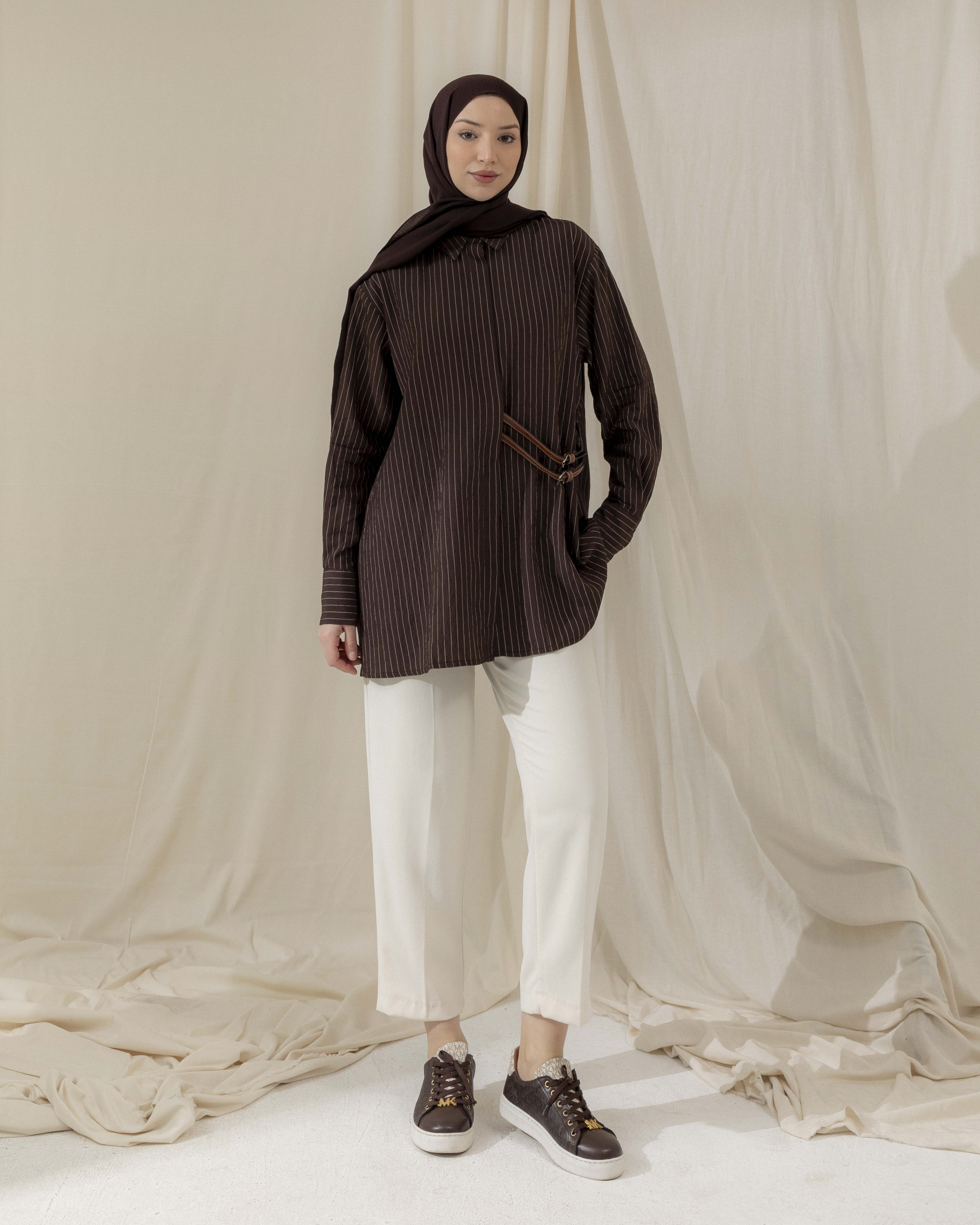 Tokalı Çizgili Kahve Gömlek