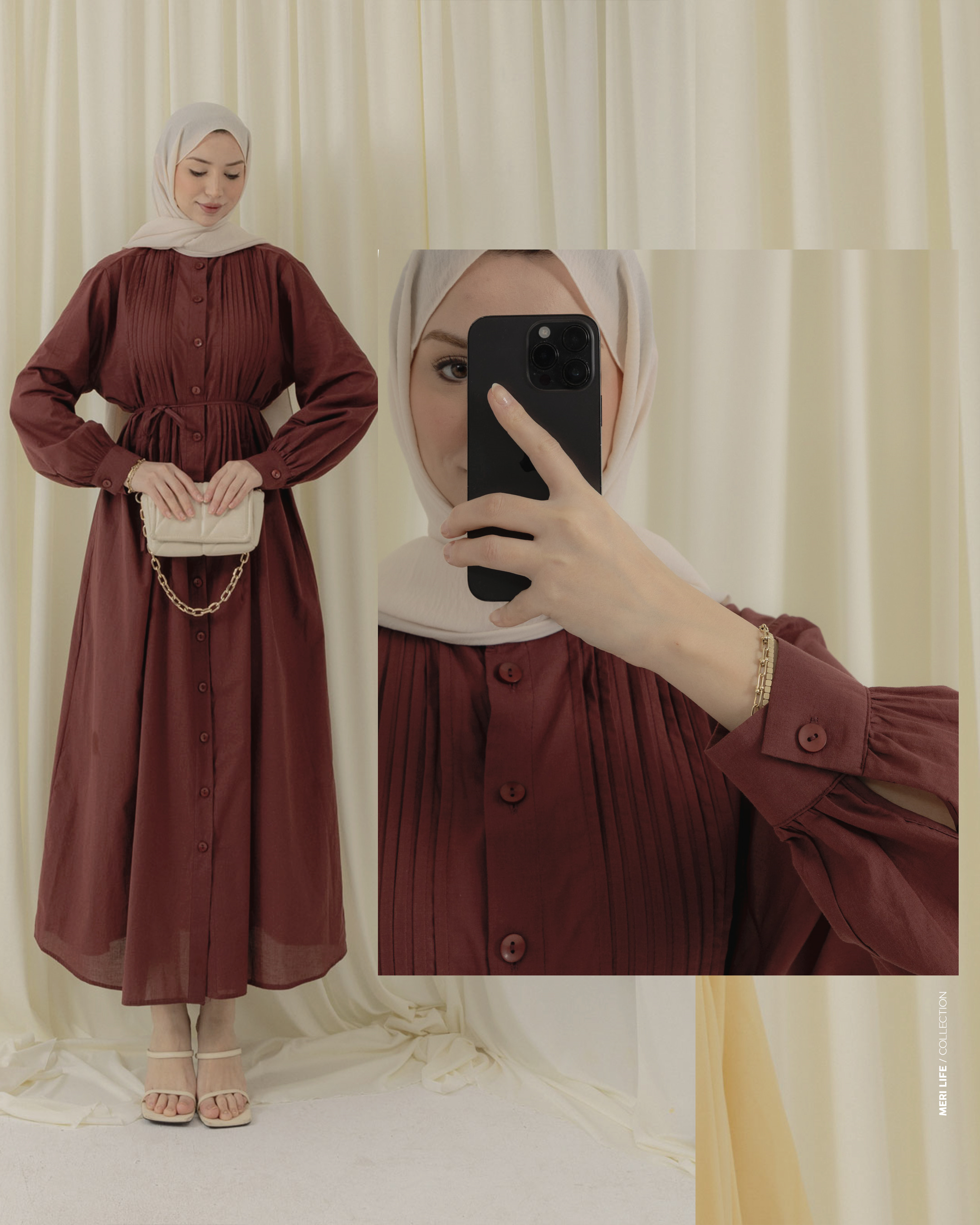 Allerli Boydan Düğmeli Bordo Elbise