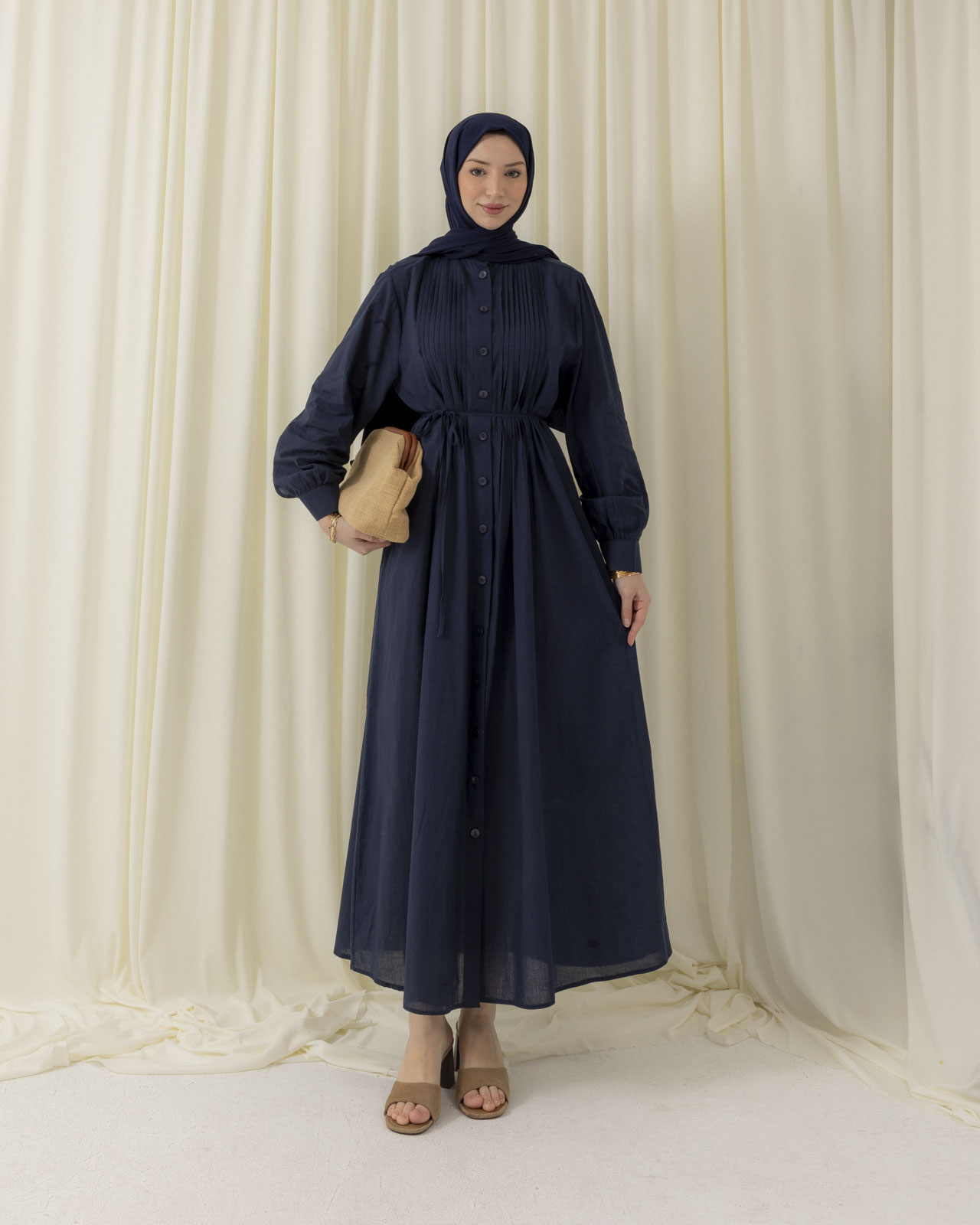 Allerli Boydan Düğmeli Lacivert Elbise