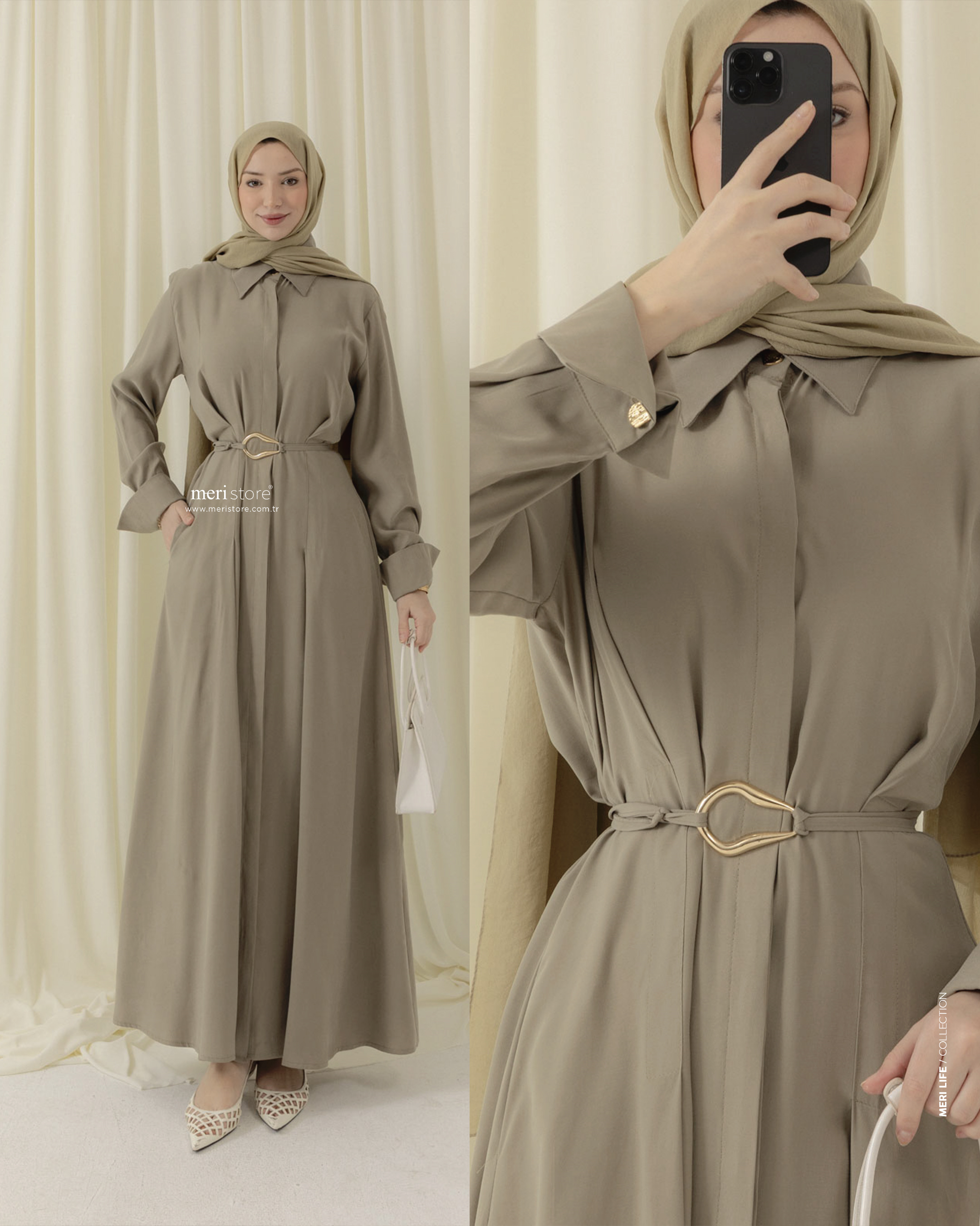 Boydan Düğmeli Pileli Haki Elbise