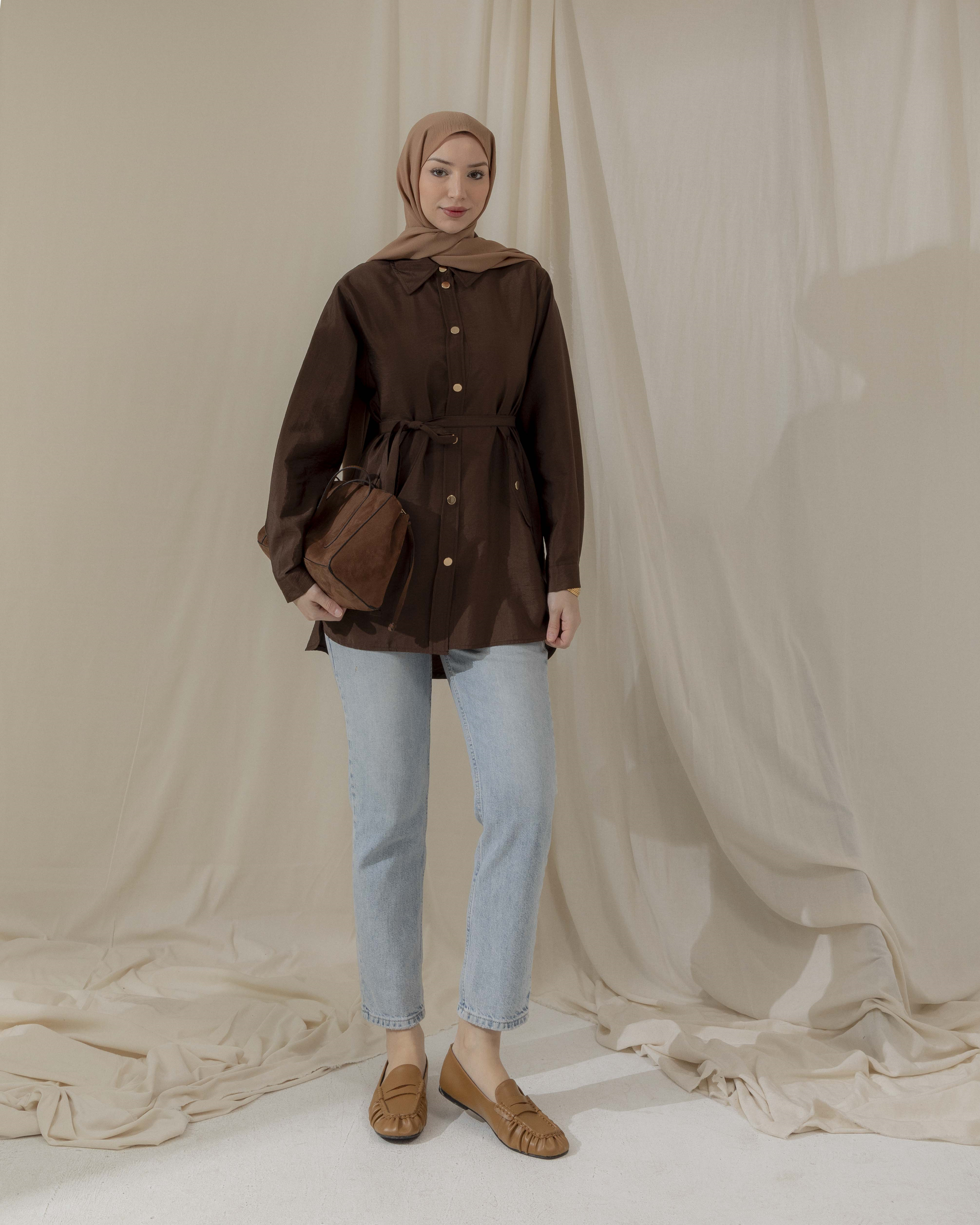 Cep Detaylı Kahve Gömlek