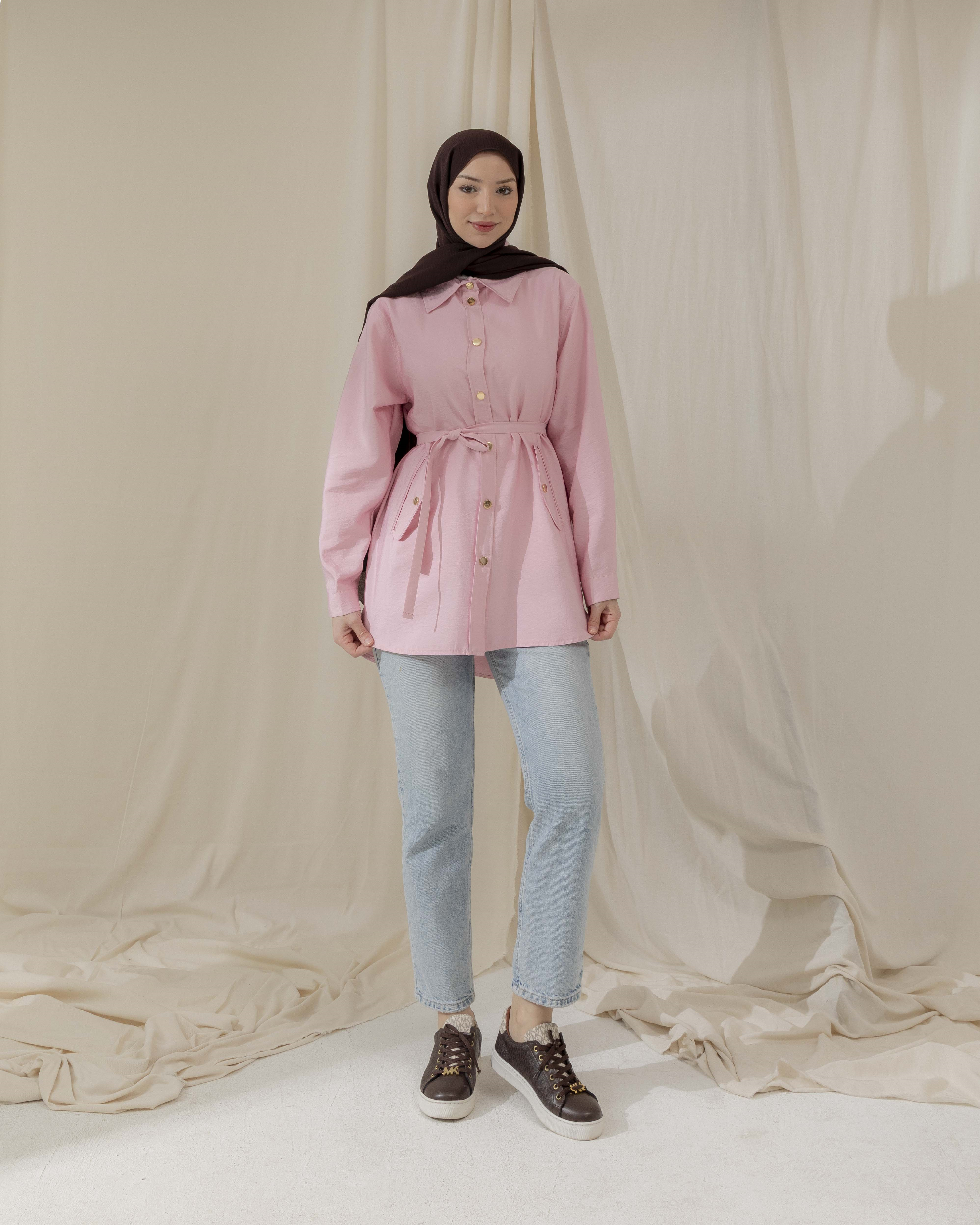 Cep Detaylı Pembe Gömlek