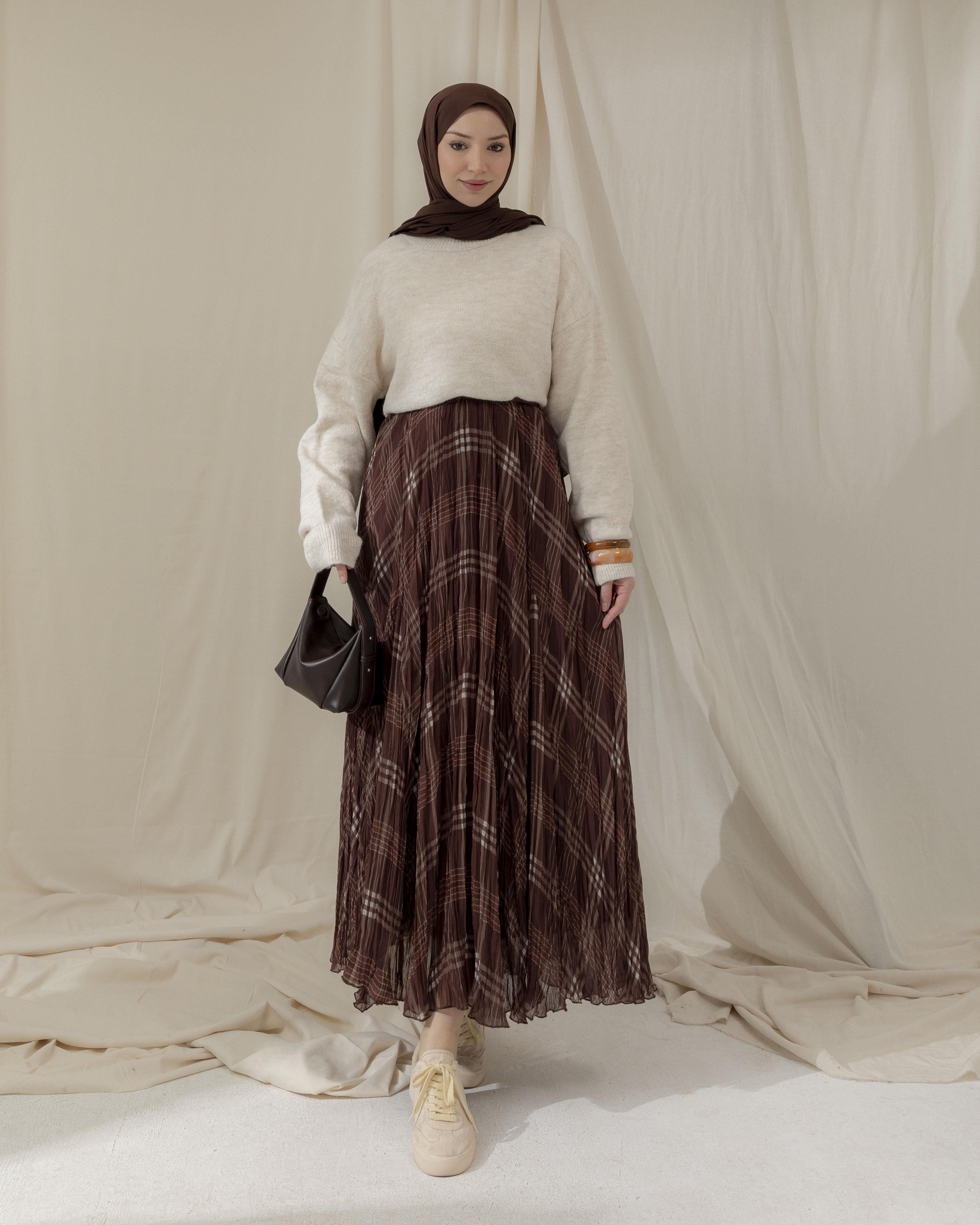 Çizgi Desenli Kahve Şifon Etek