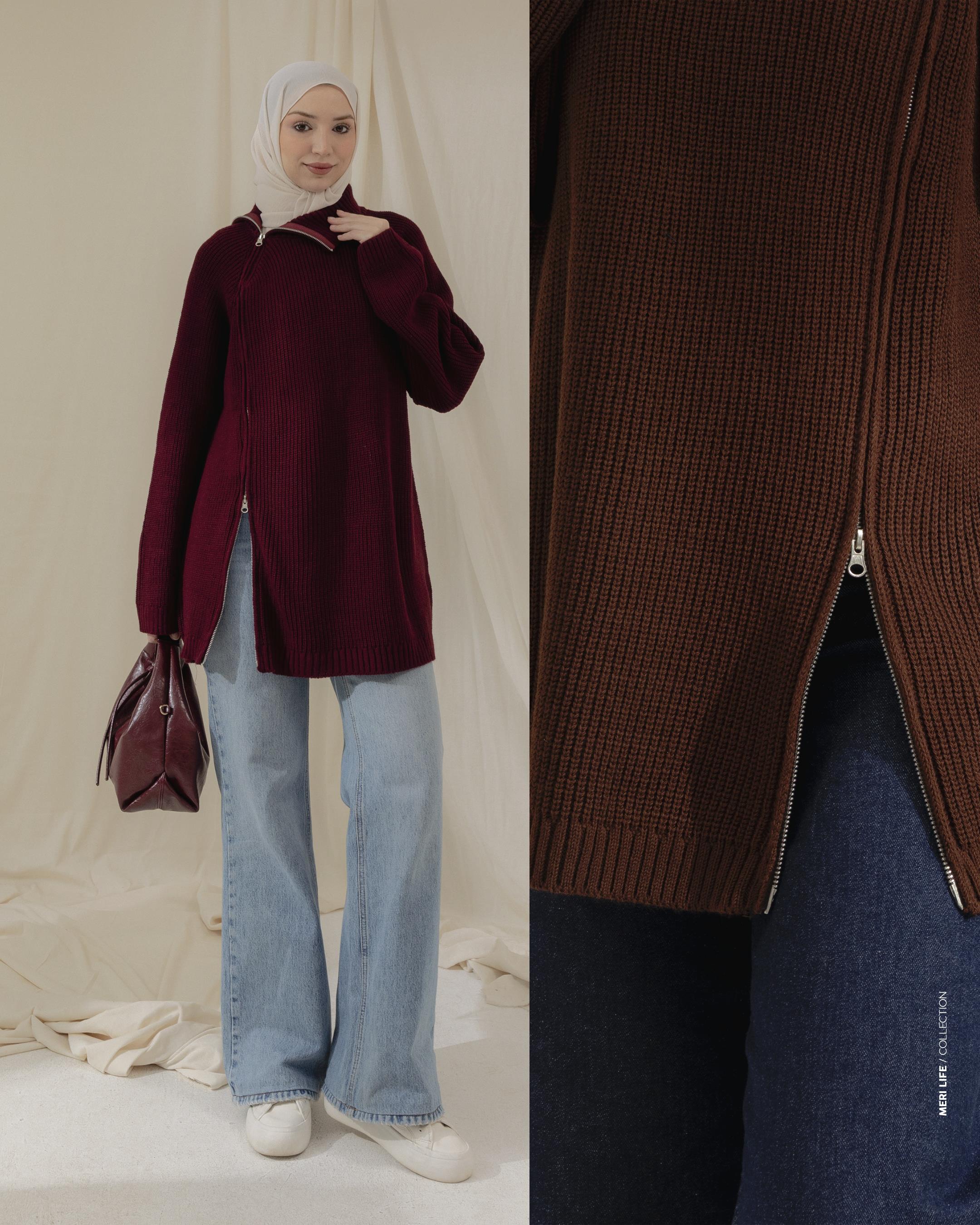 Fermuar Detaylı Bordo Triko Kazak