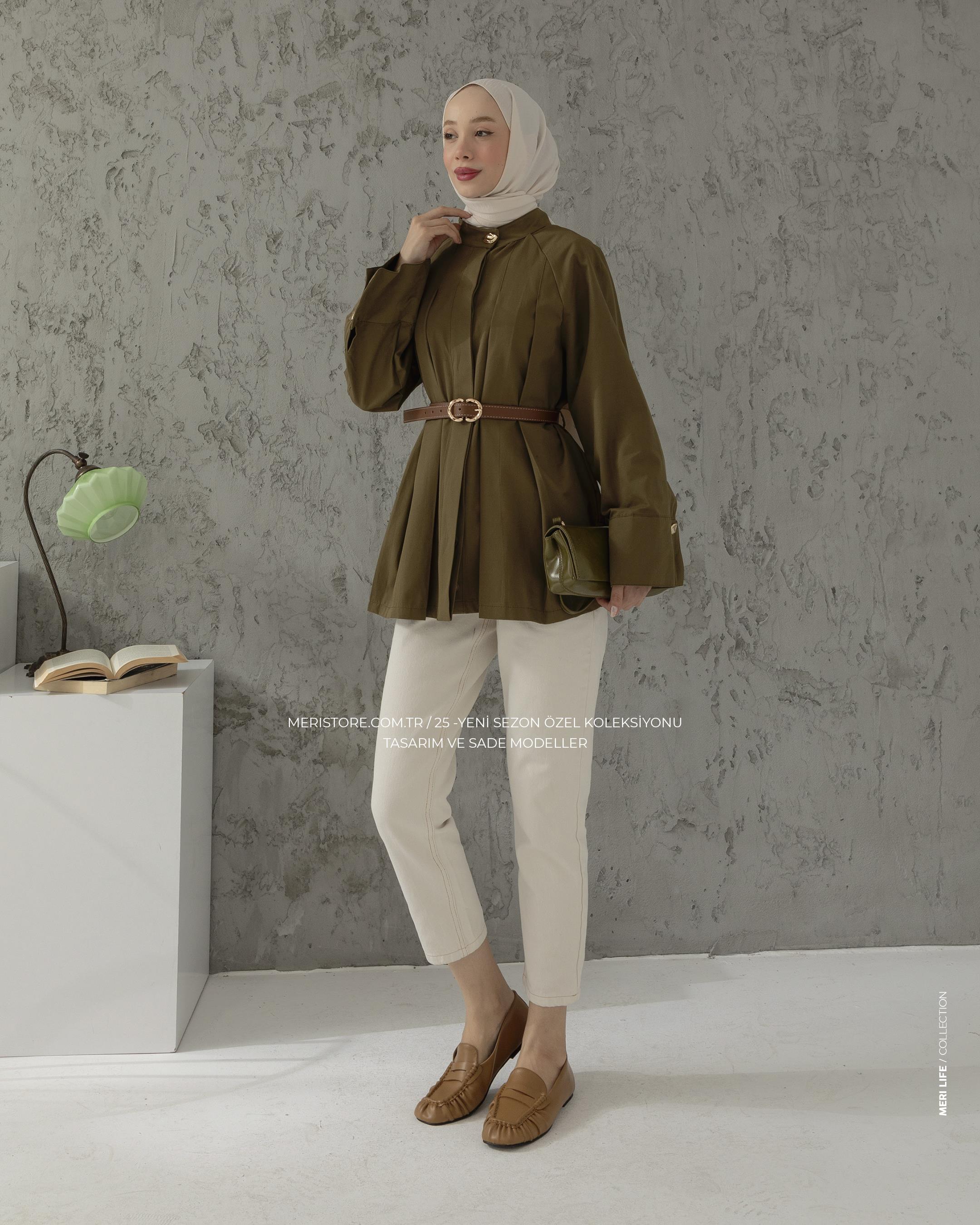 Gizli Düğmeli Kemerli Haki Trençkot