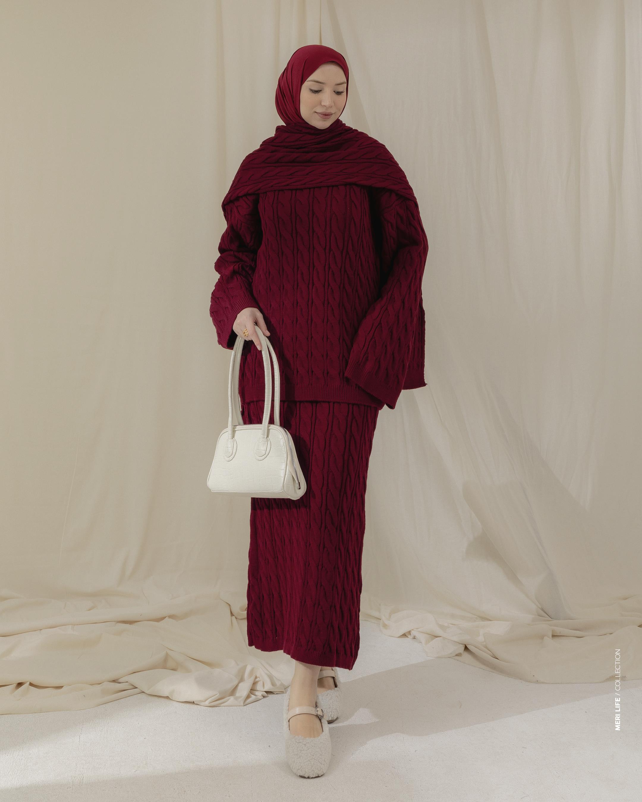 Örgü Desenli Bordo Üçlü Takım