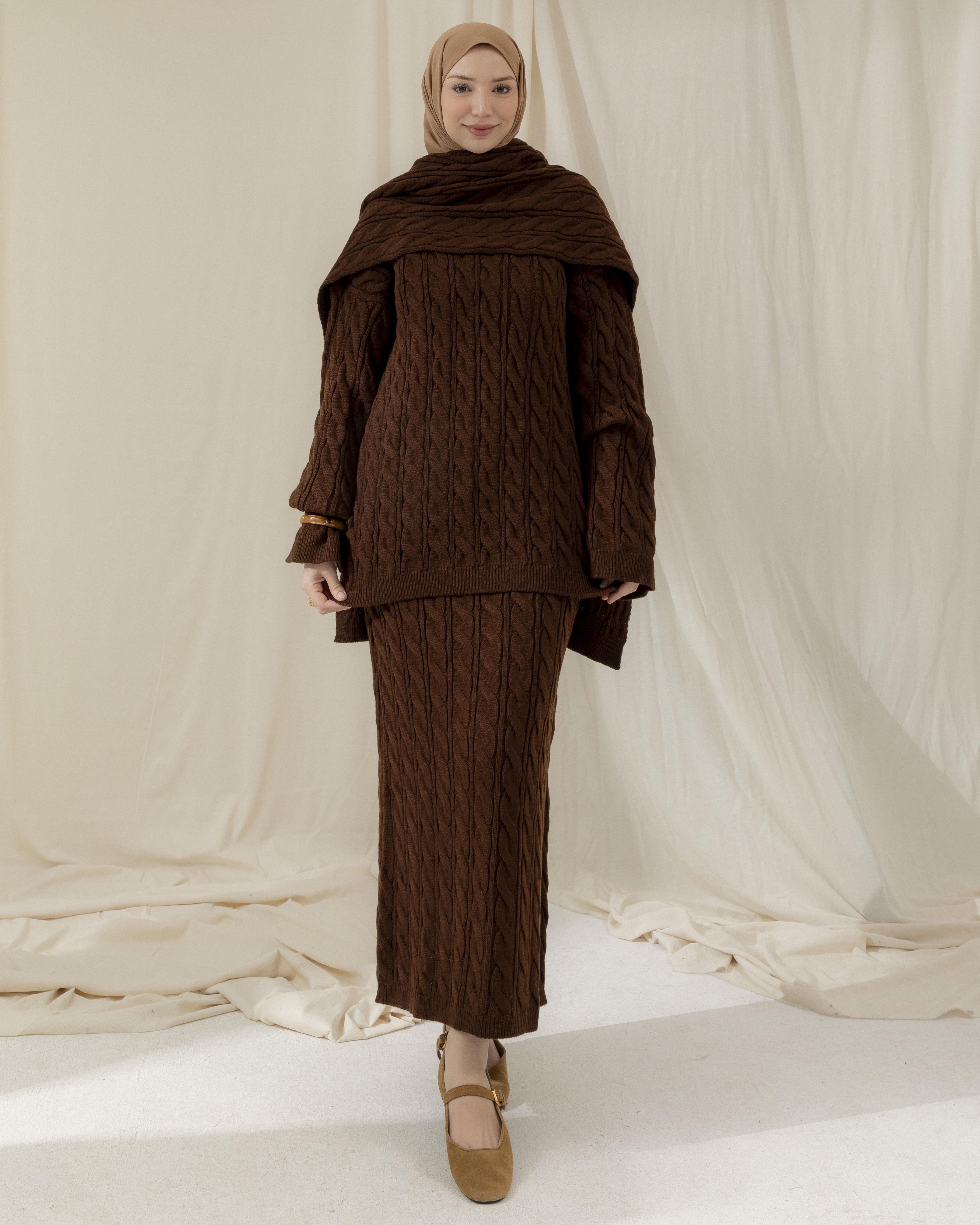 Örgü Desenli Kahve Üçlü Takım