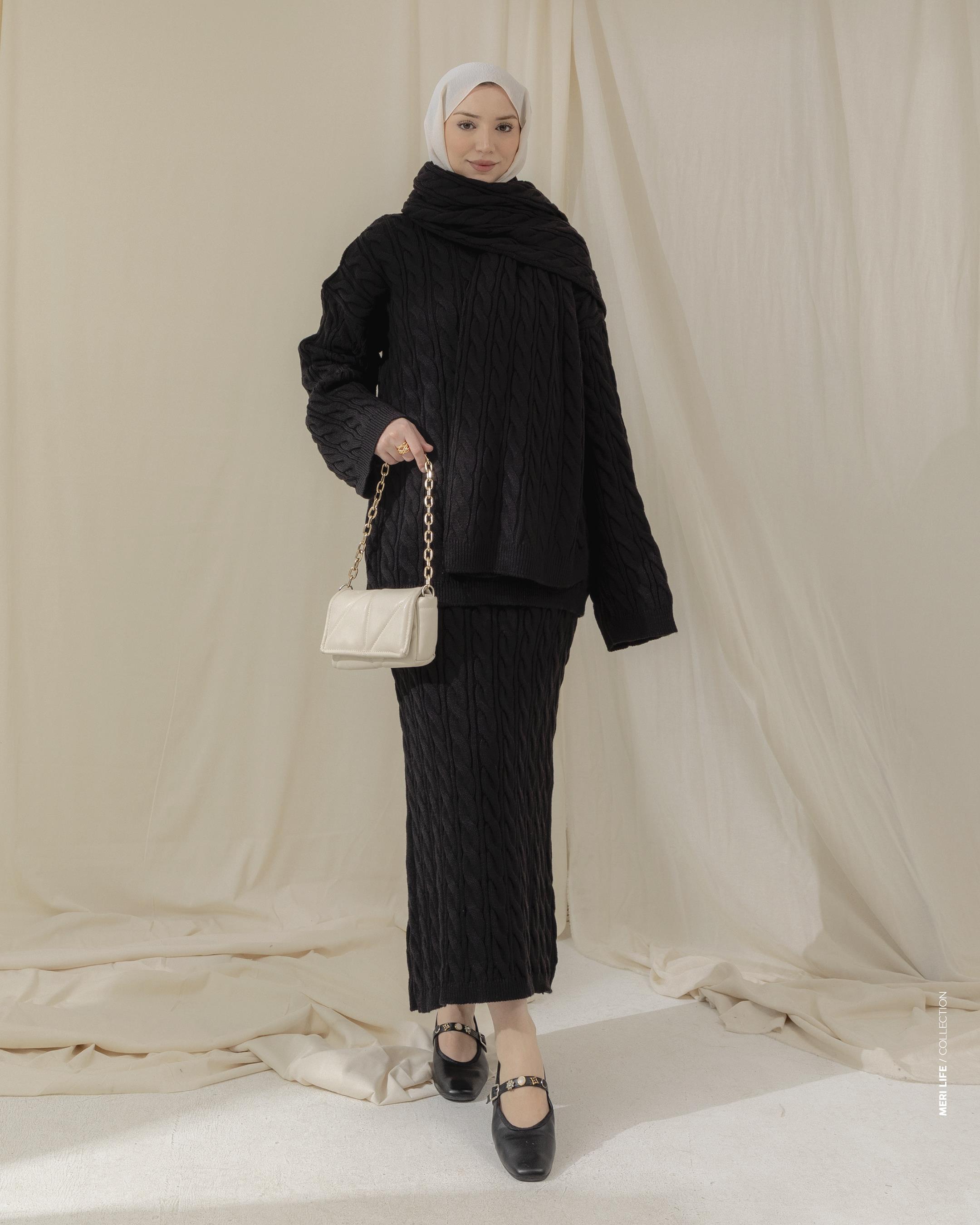 Örgü Desenli Siyah Üçlü Takım