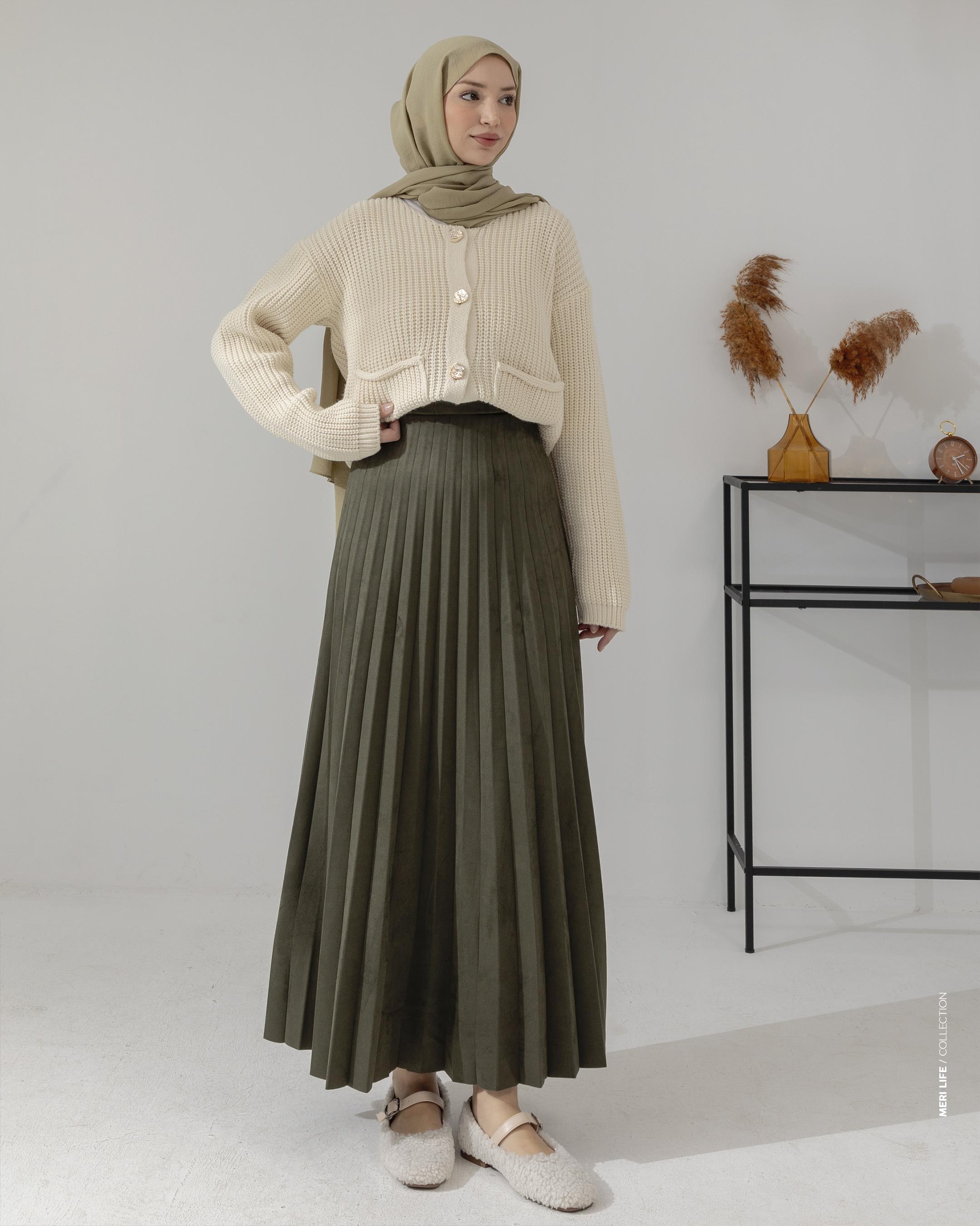 Piliseli Haki Süet Etek