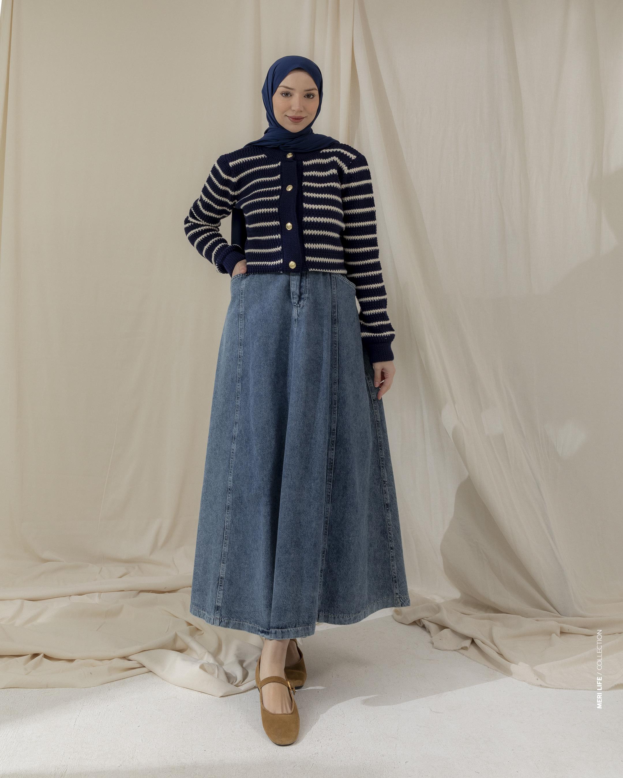 Şeritli Lacivert Triko Hırka