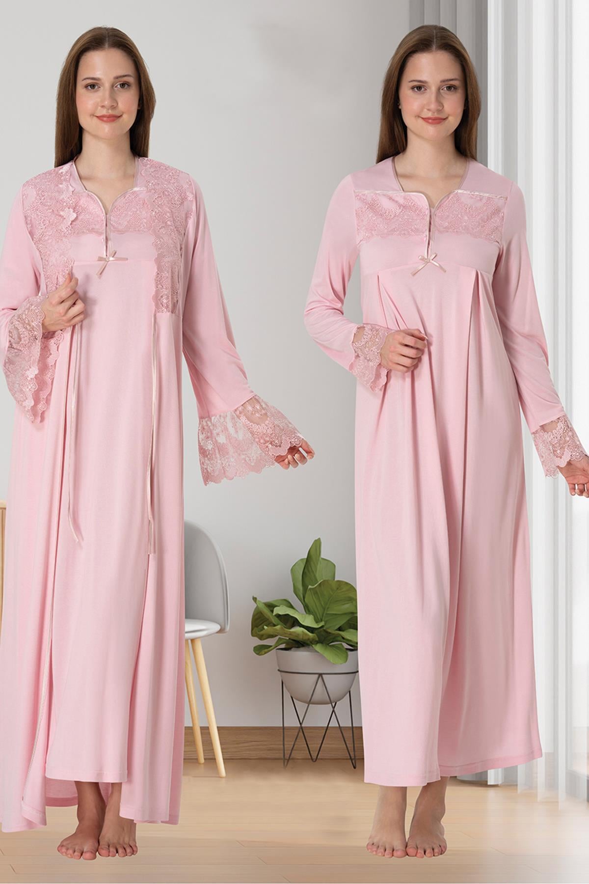 Effortt 4085 Pudra Dantelli Sabahlıklı Lohusa Gecelik Takımı