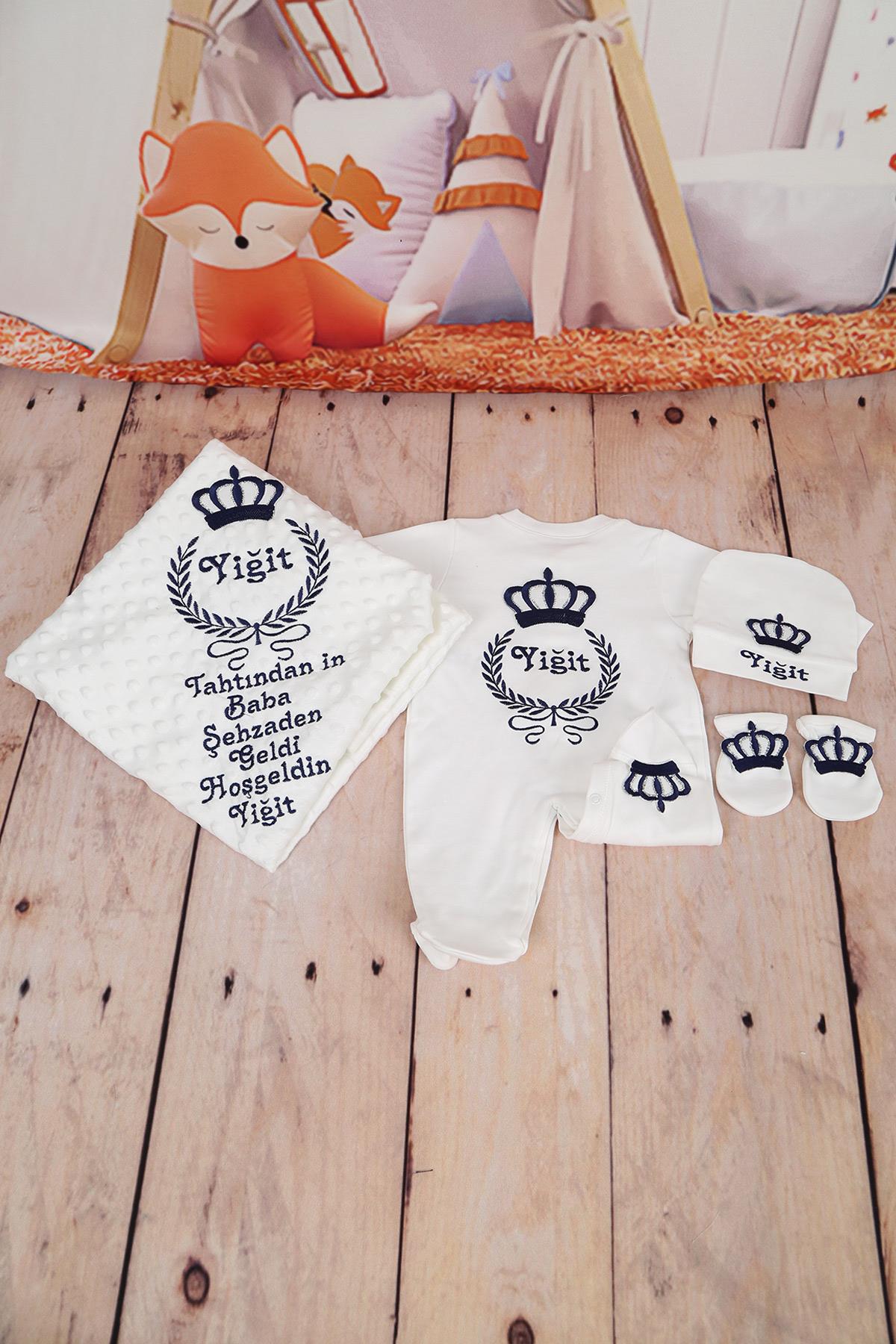 İsme Özel Taşlı Tac Nakışlı 4lü Hastane Çıkış Seti