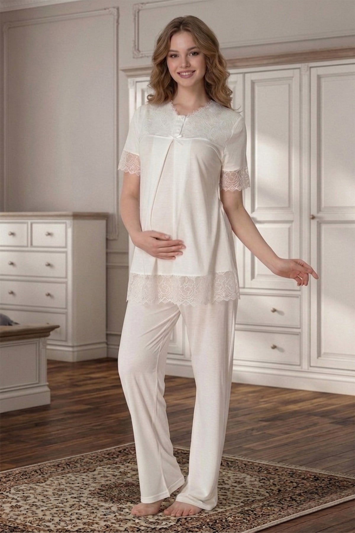 Kolları Güpürlü Pamuklu Ekru Lohusa Pijama Takımı