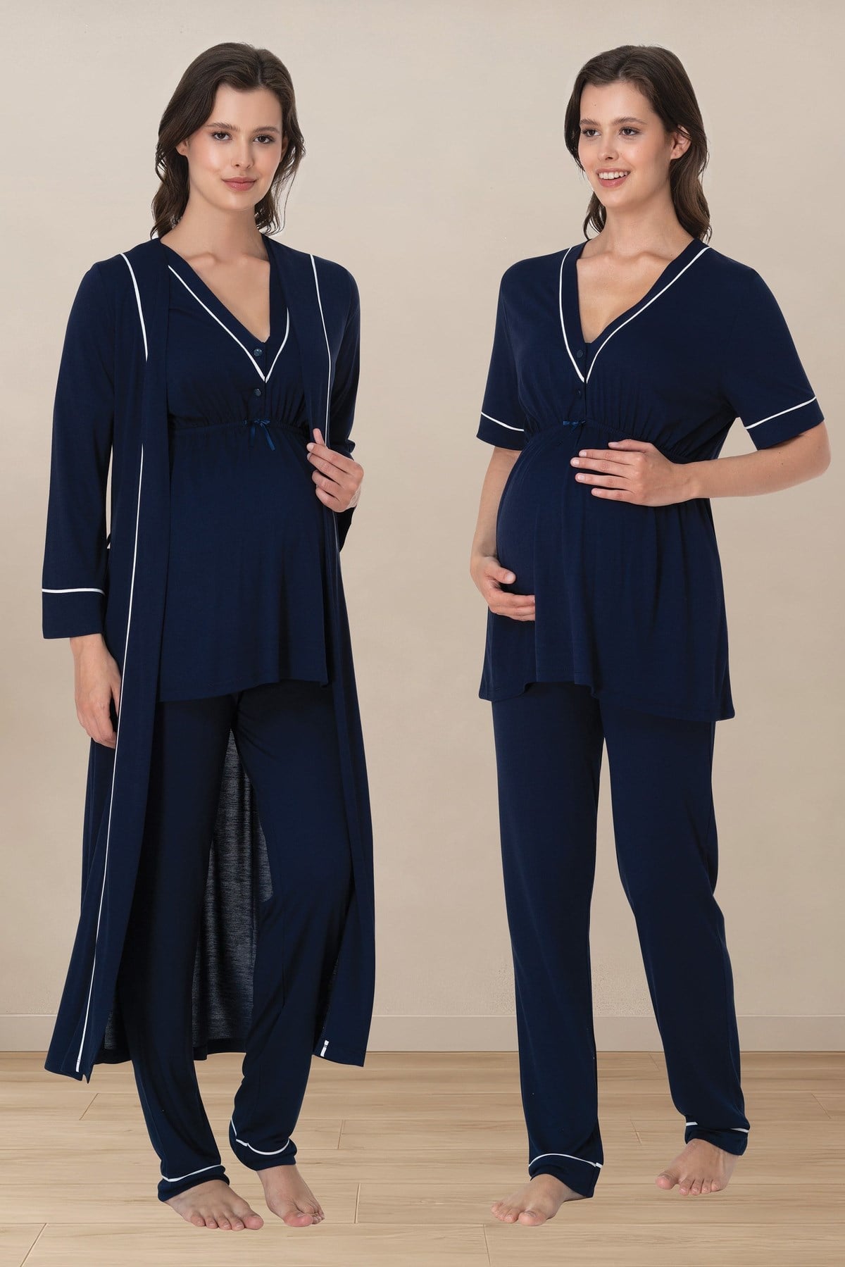 Effortt 5094 Lacivert Biye Detaylı Emzirme Özellikli Sabahlıklı Lohusa Pijama Takımı