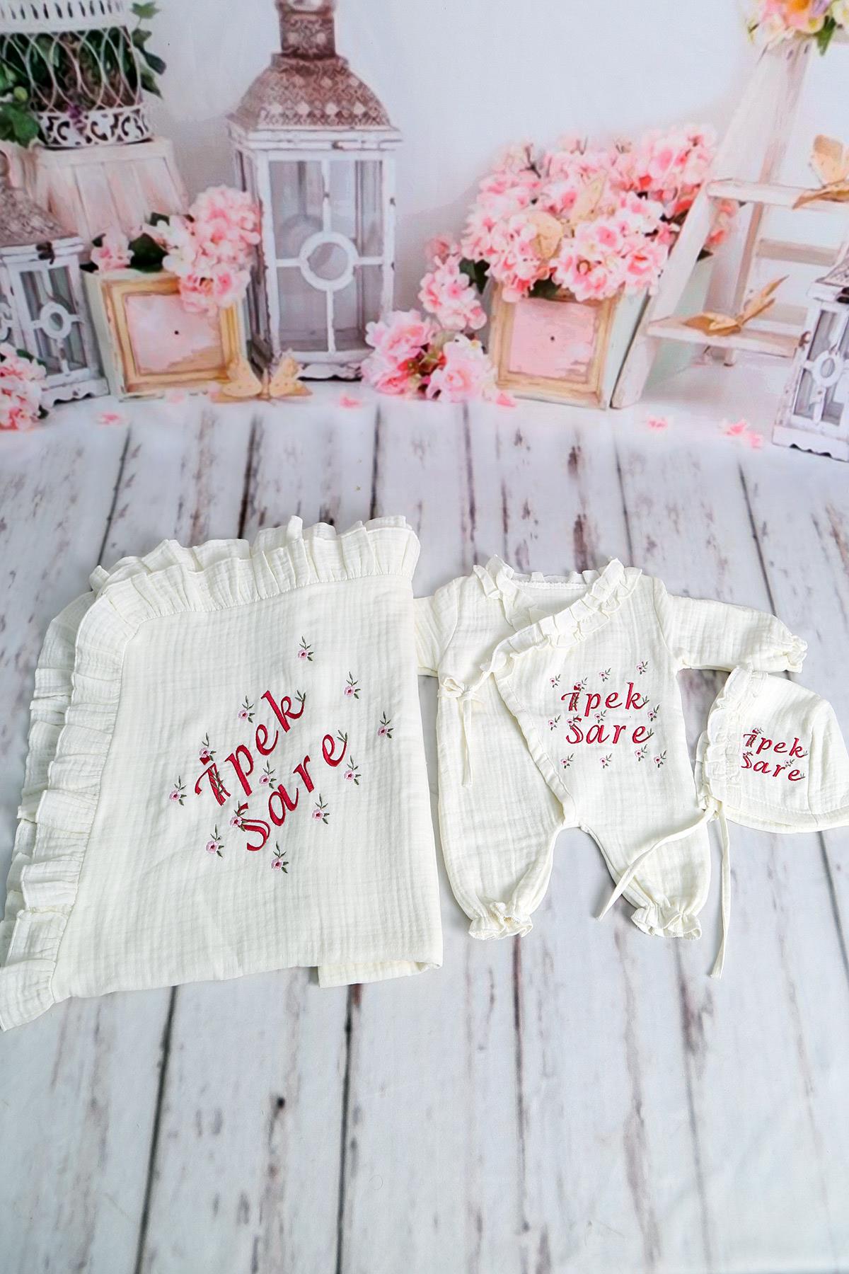 İsme Özel Müslin Çiçek Nakışlı 3lü Hastane çıkışı
