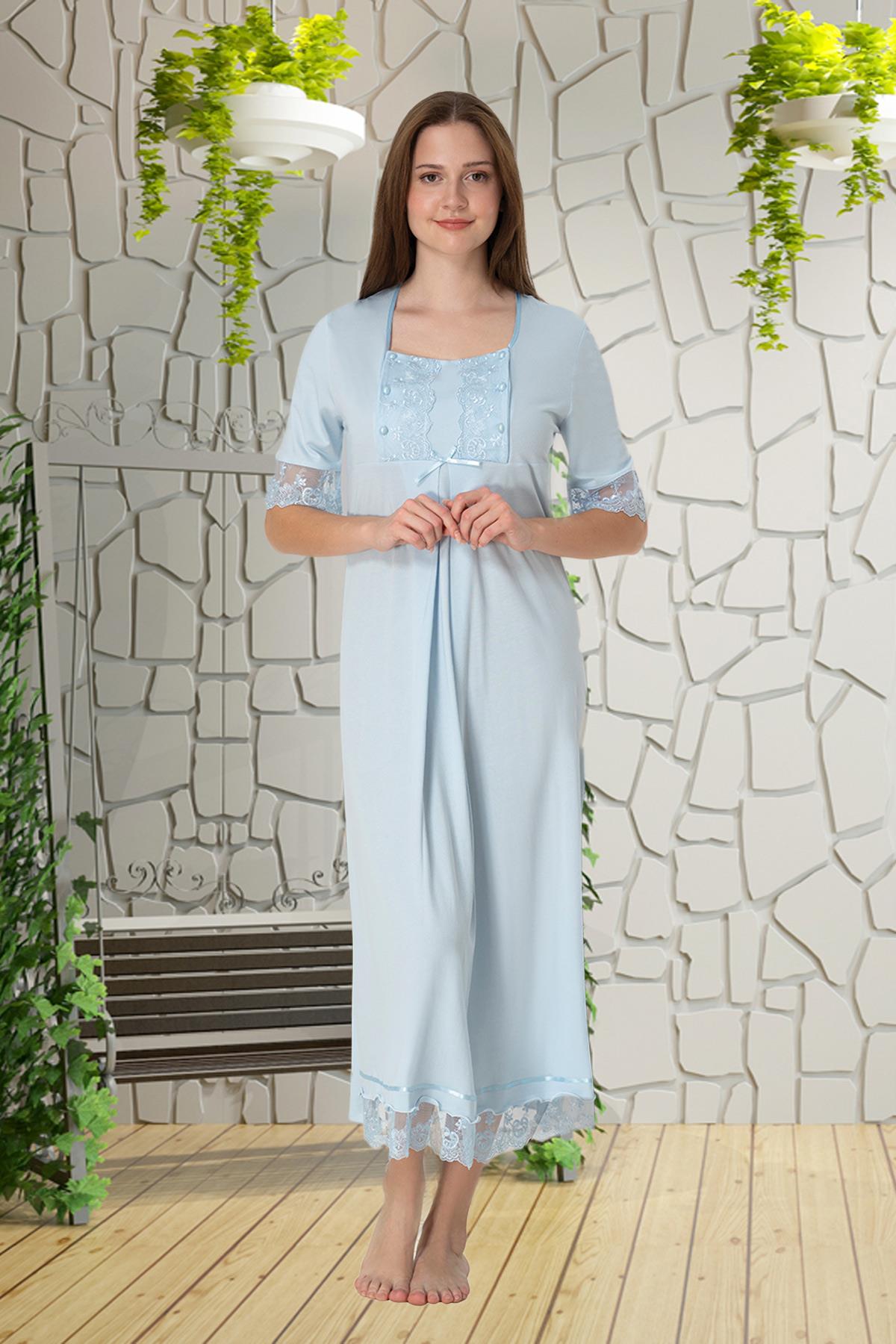 Effortt 6033 Mavi Dantelli Lohusa Gecelik