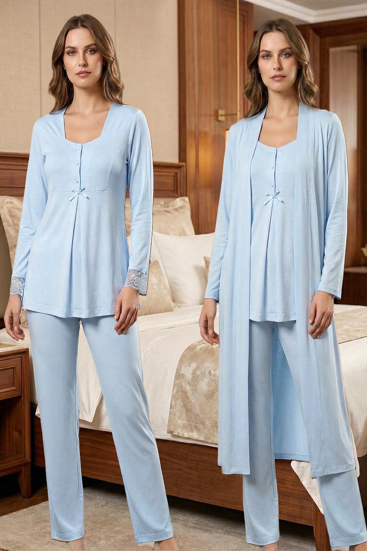 Effortt 9048 Mavi Sabahlıklı Uzun Kol Hamile Lohusa Pijama Takımı