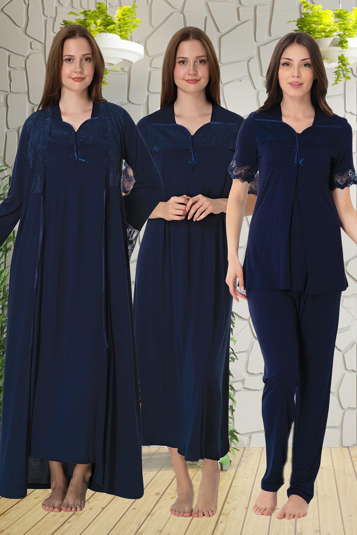 Effortt 9016 Lacivert Dantelli 4lü Lohusa Seti