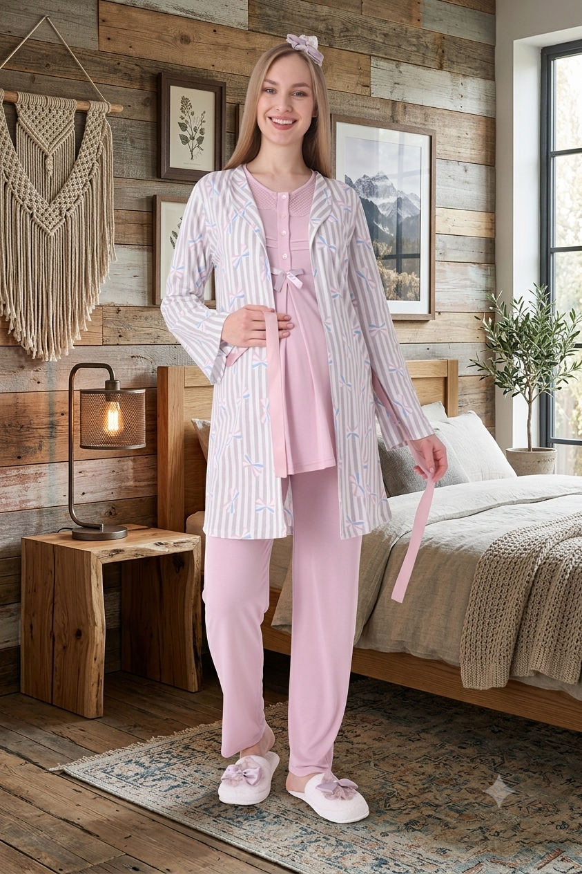 Erdeniz 3460 Pudra Çizgi Sabahlıklı Emzirme Özellikli Sabahlıklı Lohusa Pijama Takımı