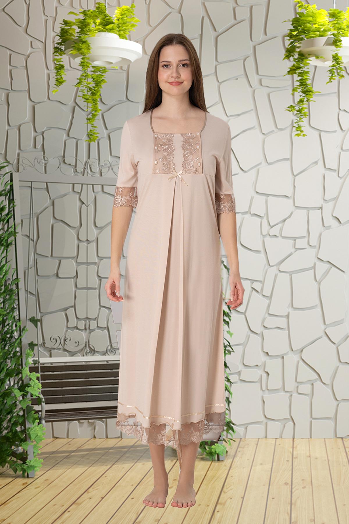 Effortt 6033 Sütlü Kahve Dantelli Lohusa Gecelik