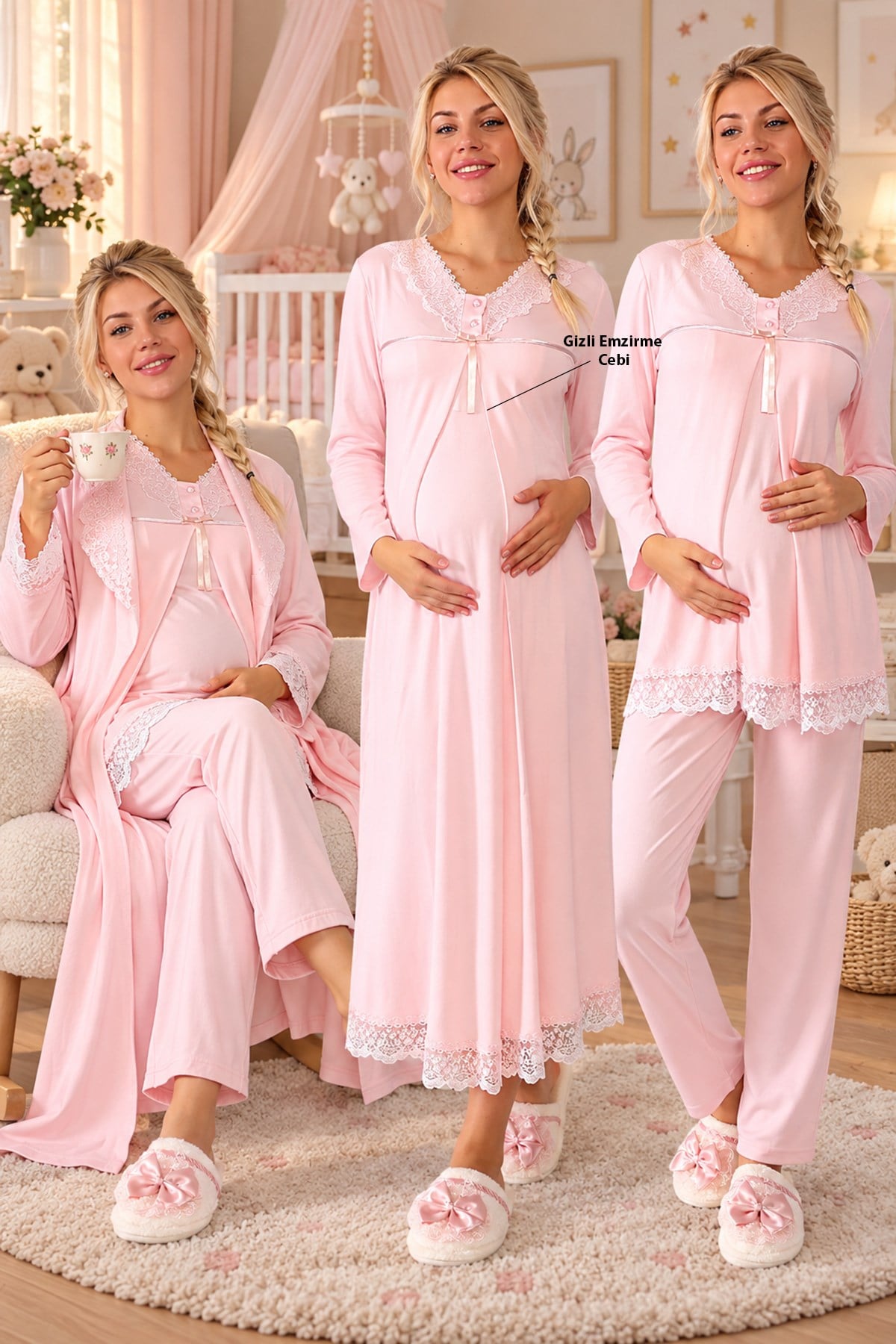 Lohusa Hamile 6036 Powder Color Maternity Pajama 4 Pieces Set
