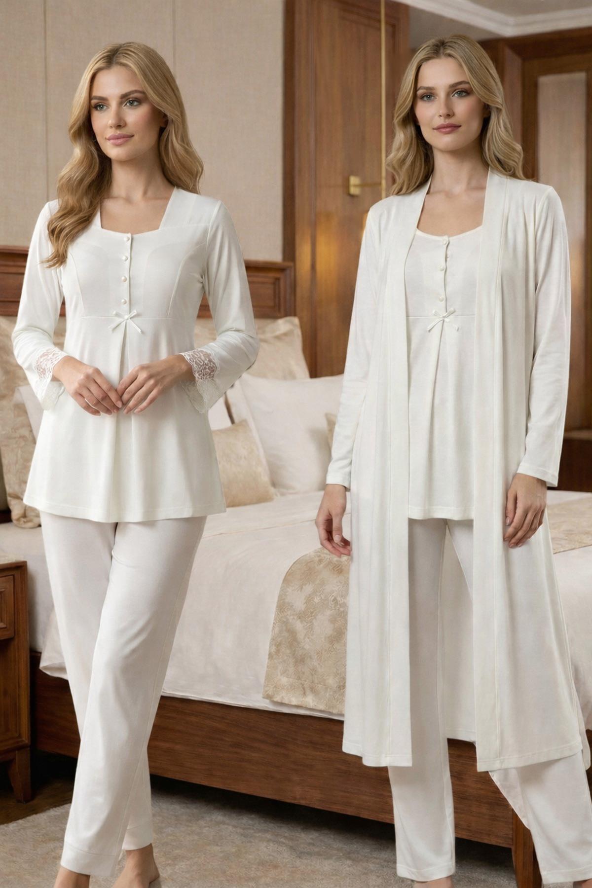 Effortt 9048 Ekru Sabahlıklı Uzun Kol Hamile Lohusa Pijama Takımı