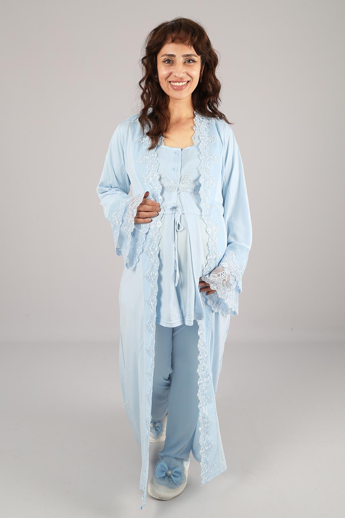 Mavi Prenses Dantelli Sabahlıklı Uzun Kol Lohusa Pijama Takımı 70140