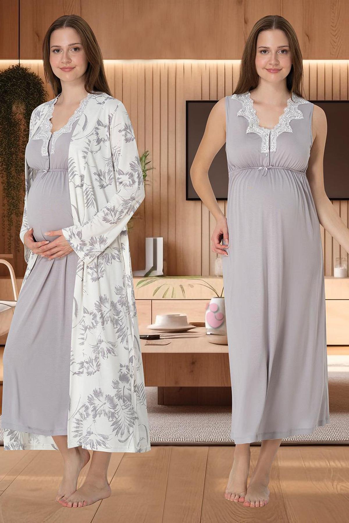 Effortt 8035 Gri Desen Sabahlıklı Lohusa Gecelik