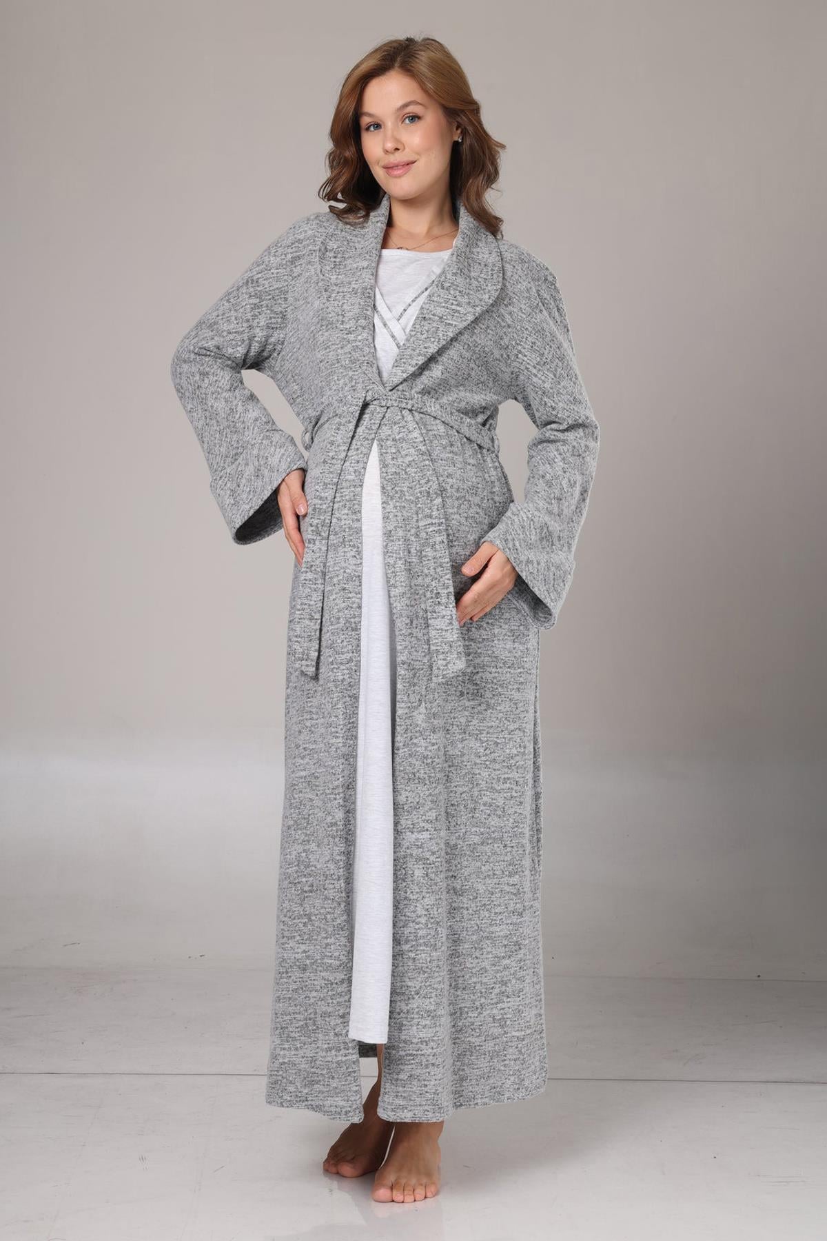 Rimel Life 1007 Kışlık Gri Polar Sabahlıklı Lohusa Gecelik Takımı