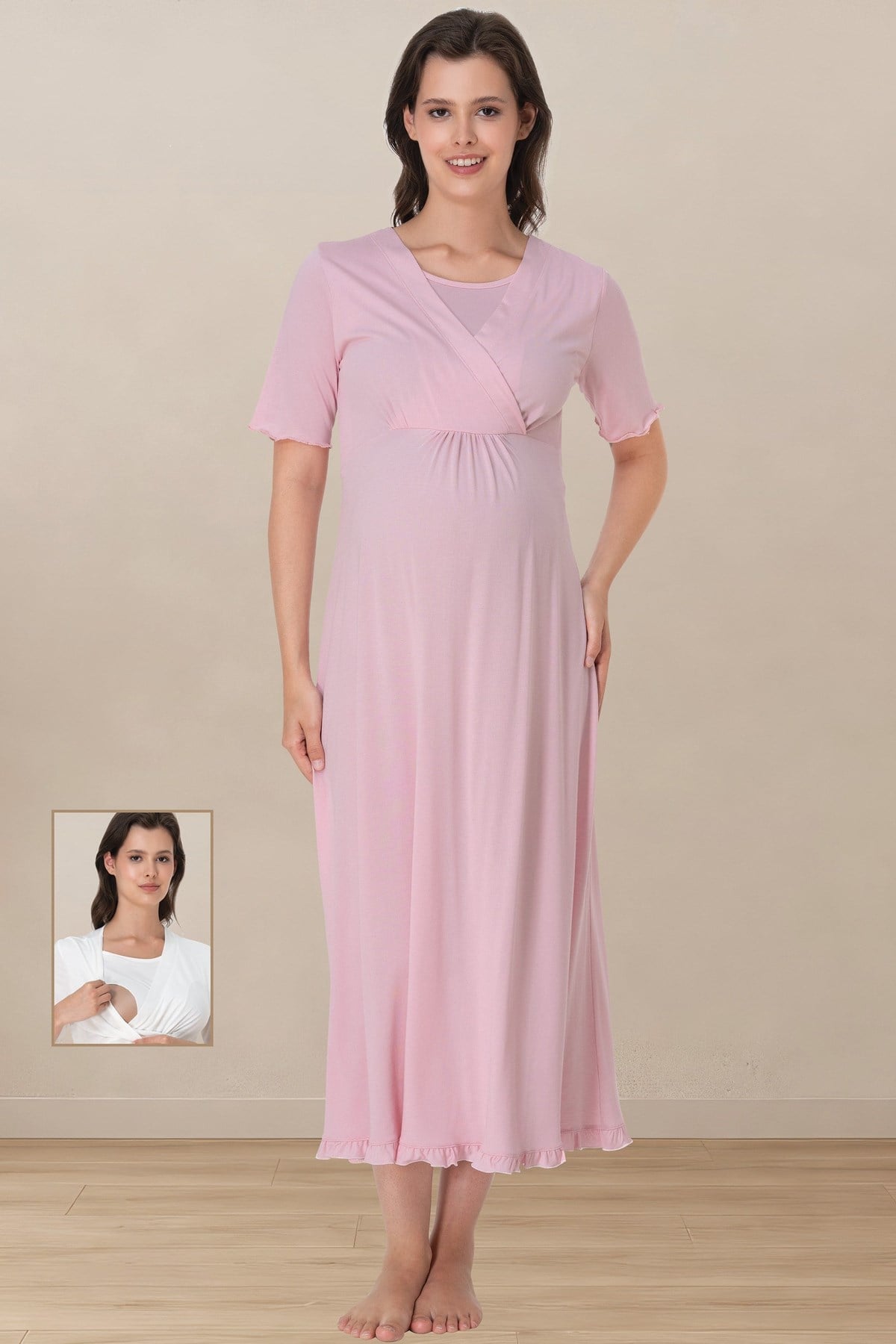 Effortt 3033 Pembe Kruvaze Emzirme Özellikli Hamile Gecelik