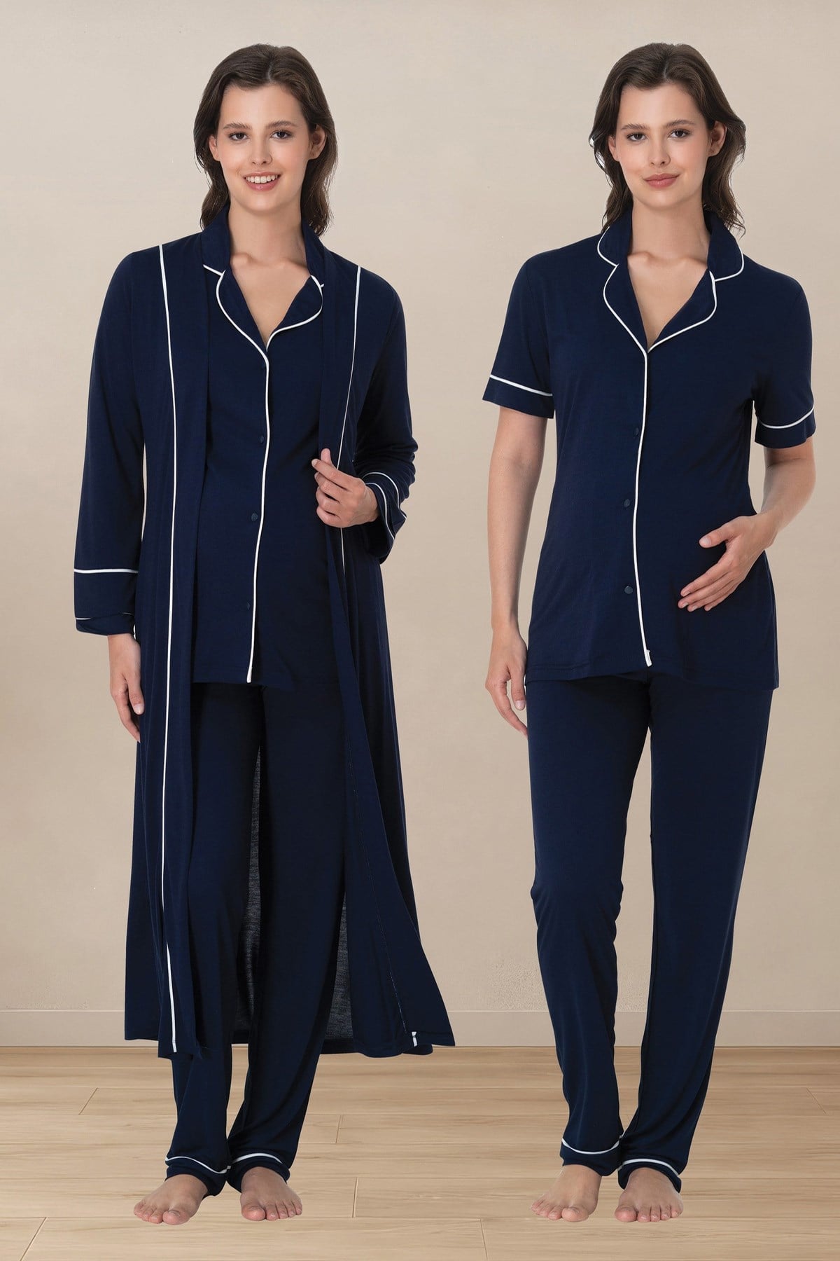 Effortt 8068 Lacivert Biye Detaylı Düğmeli Sabahlıklı Lohusa Pijama Takımı