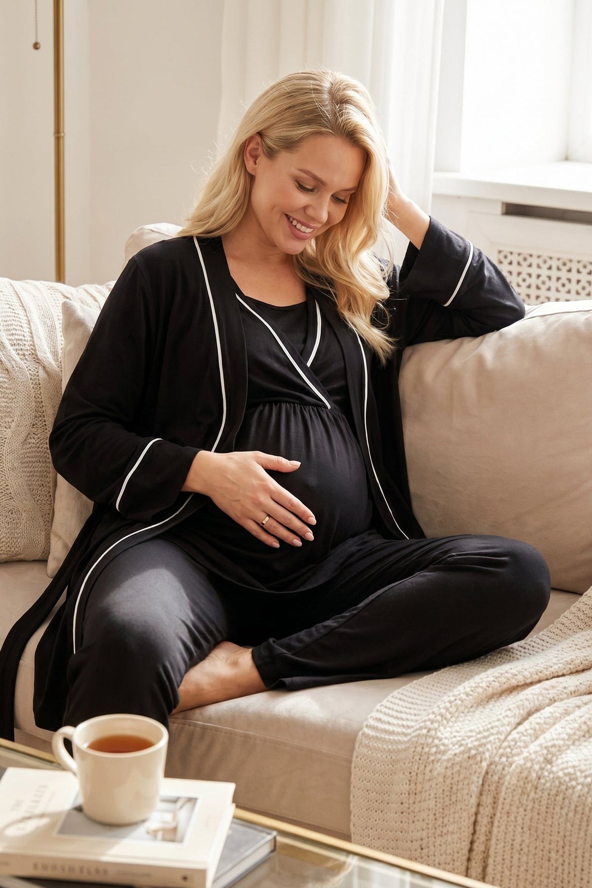 Rimel Life 808 Siyah Biyeli Kruvaze Lohusa Pijama ve Sabahlıklı Takım