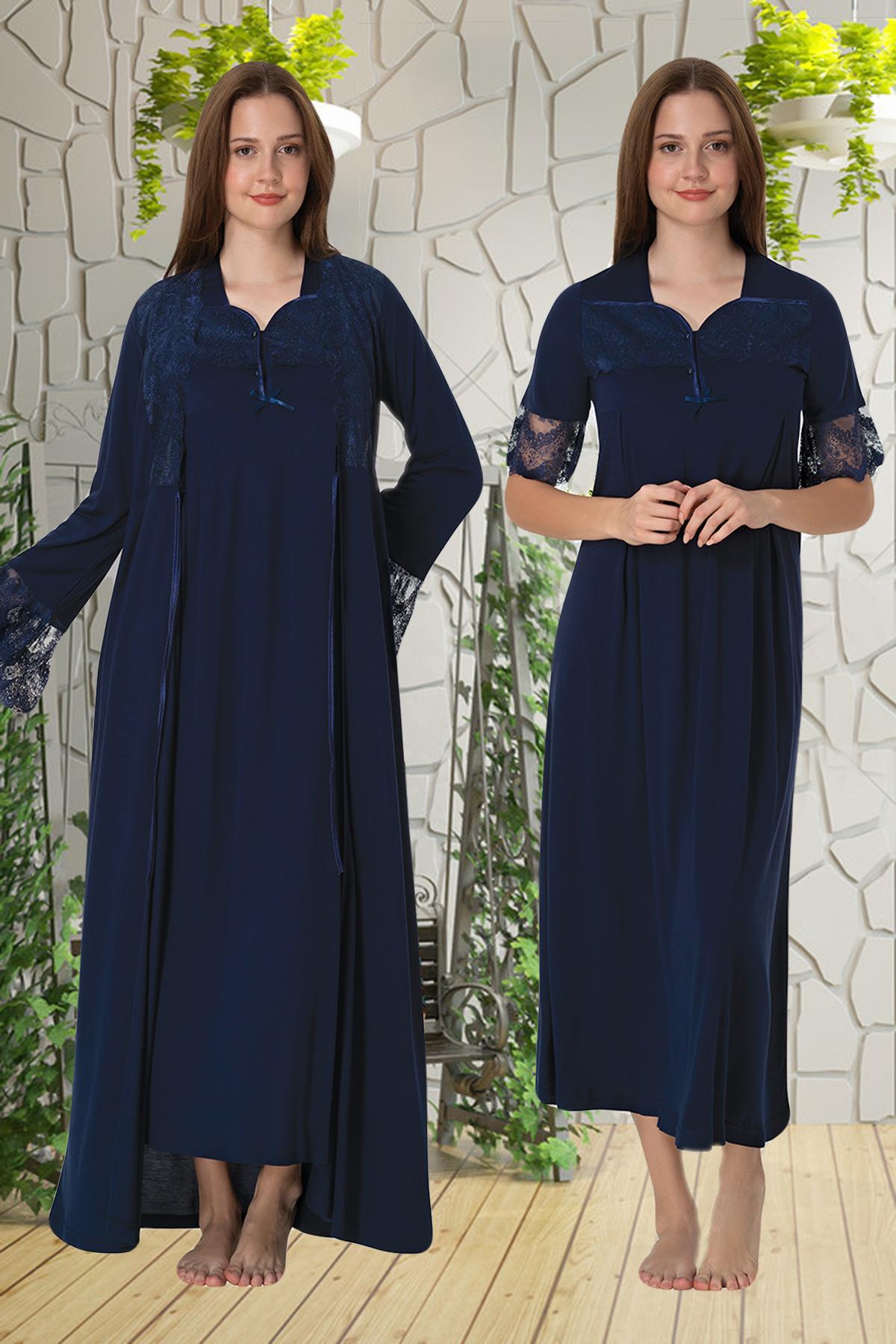 Effortt 9015 Lacivert Dantelli Sabahlıklı Lohusa Gecelik Takımı